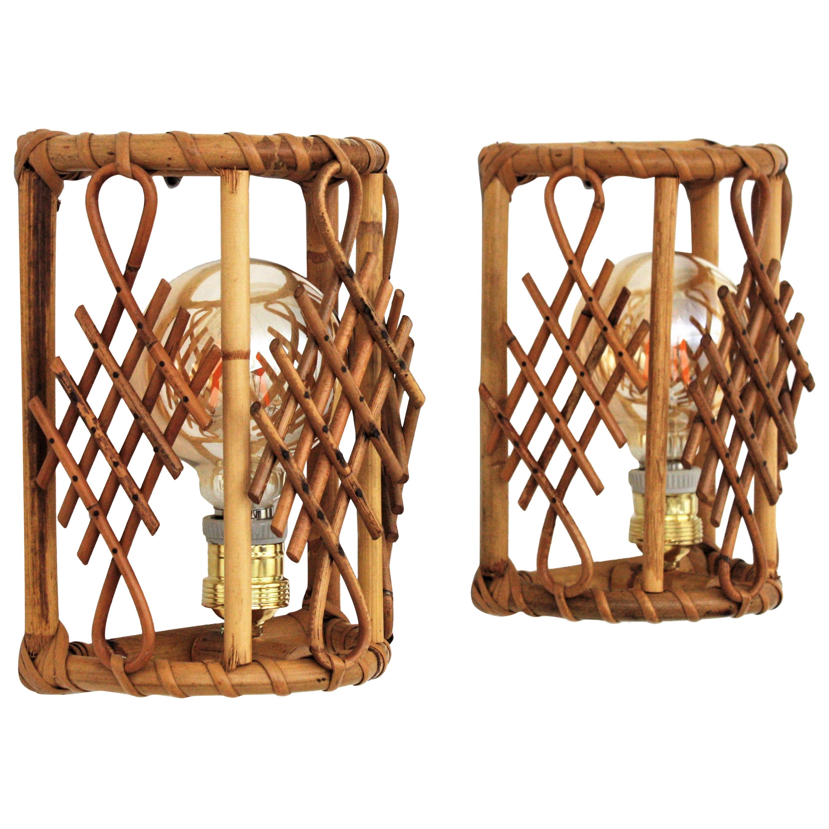 Pair of French Modernist Bamboo and Rattan Wall Sconces with Chinoiserie Accents