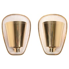 1950 French Modernist Wall Sconce Golden Curved 
Perforated Brass, Set of 2