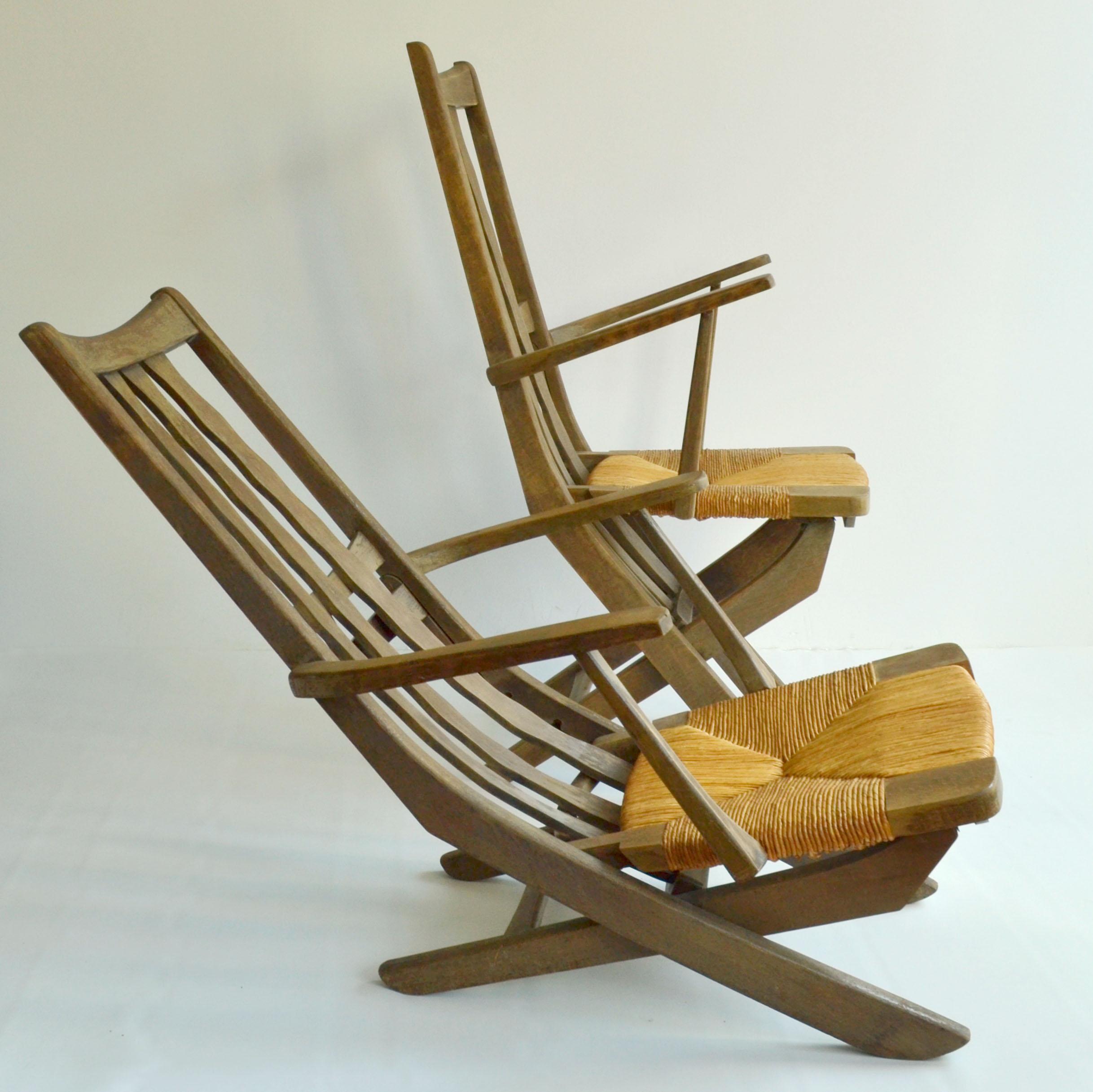 Mid-Century Modern Pair of French Modernist Outdoor Oak Chairs, French, 1950s For Sale