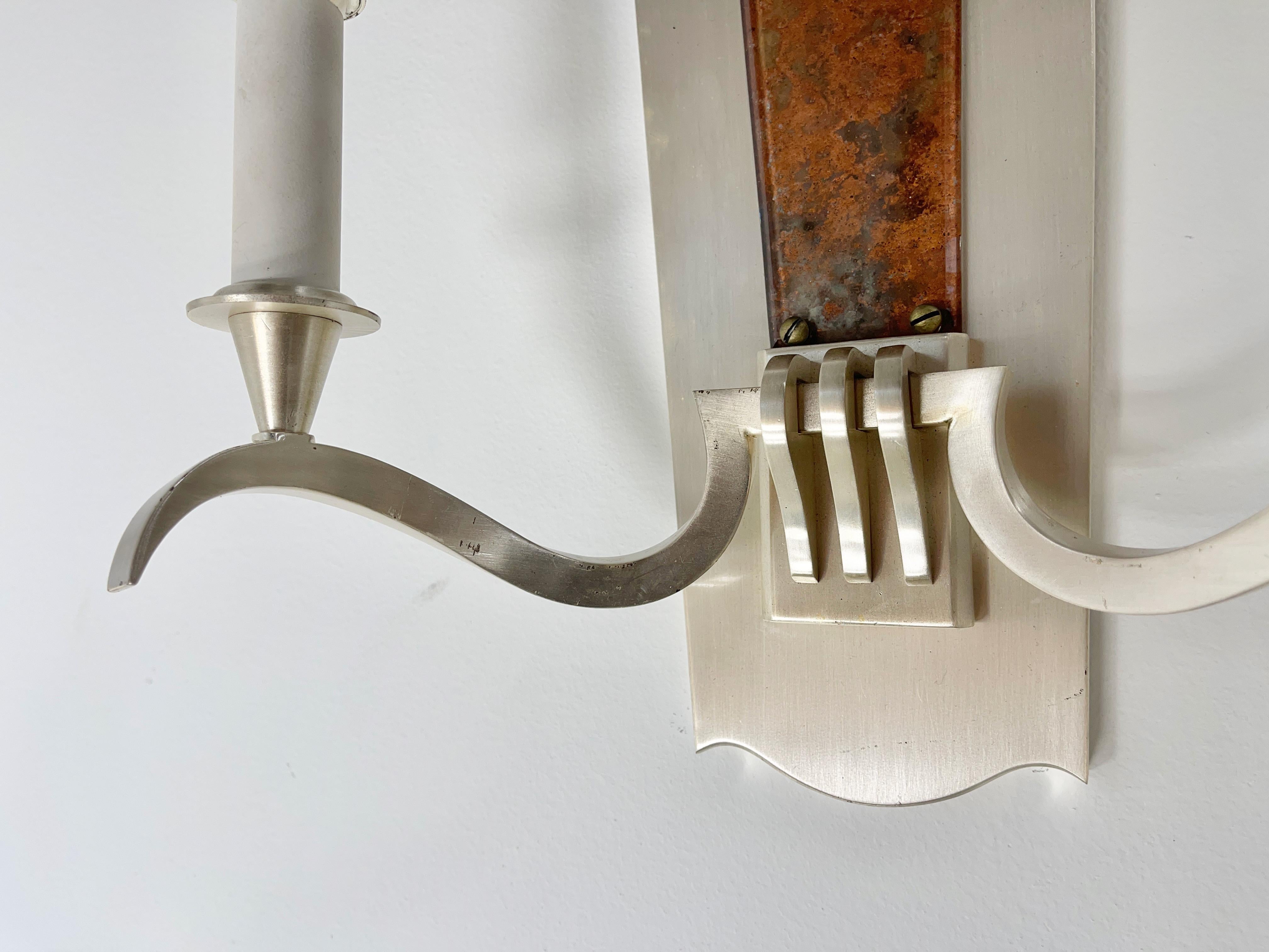 Pair of Genet et Michon Sconces in Brushed Nickel and Eglomise For Sale 5