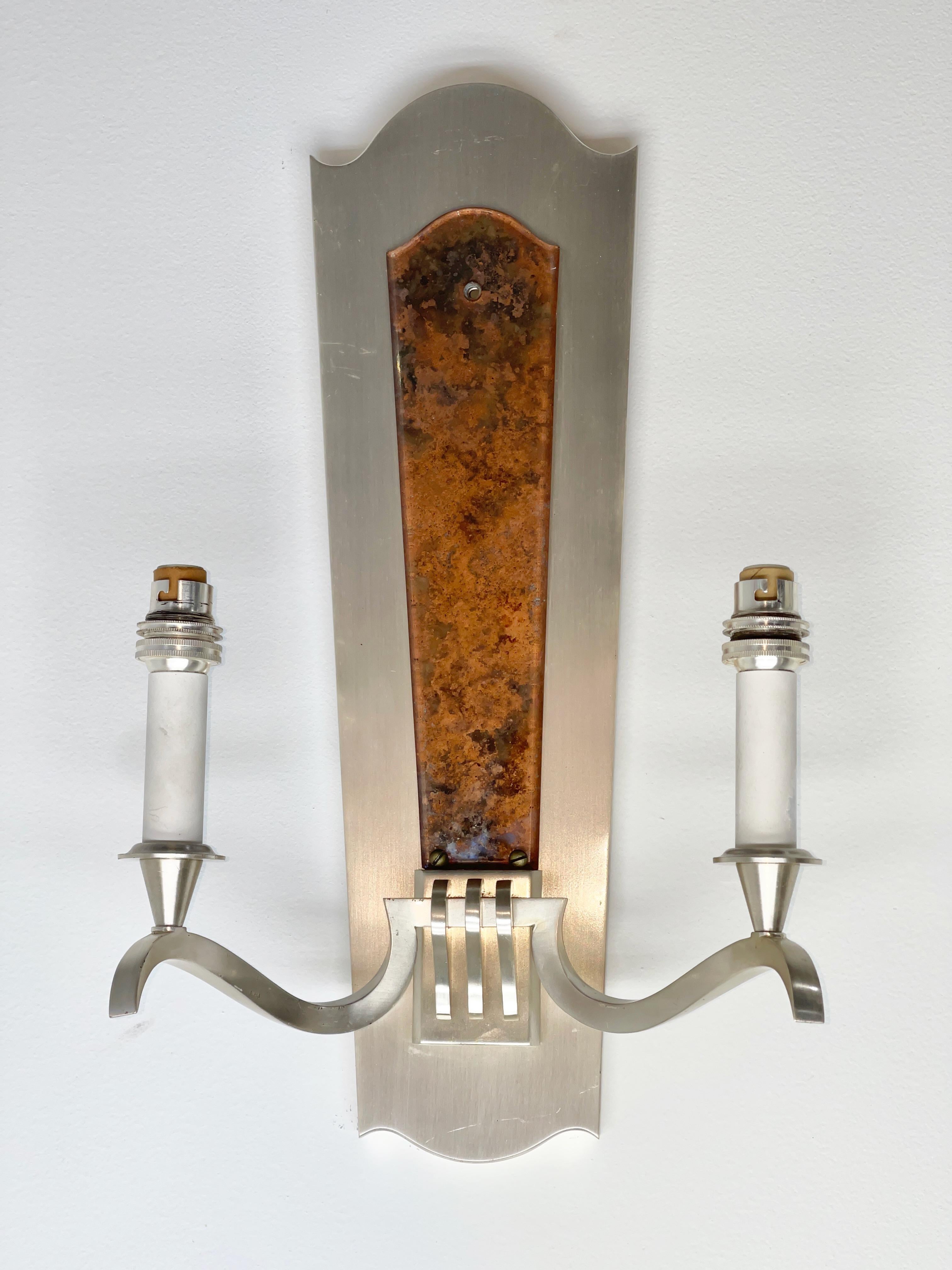Mid-Century Modern Pair of Genet et Michon Sconces in Brushed Nickel and Eglomise For Sale