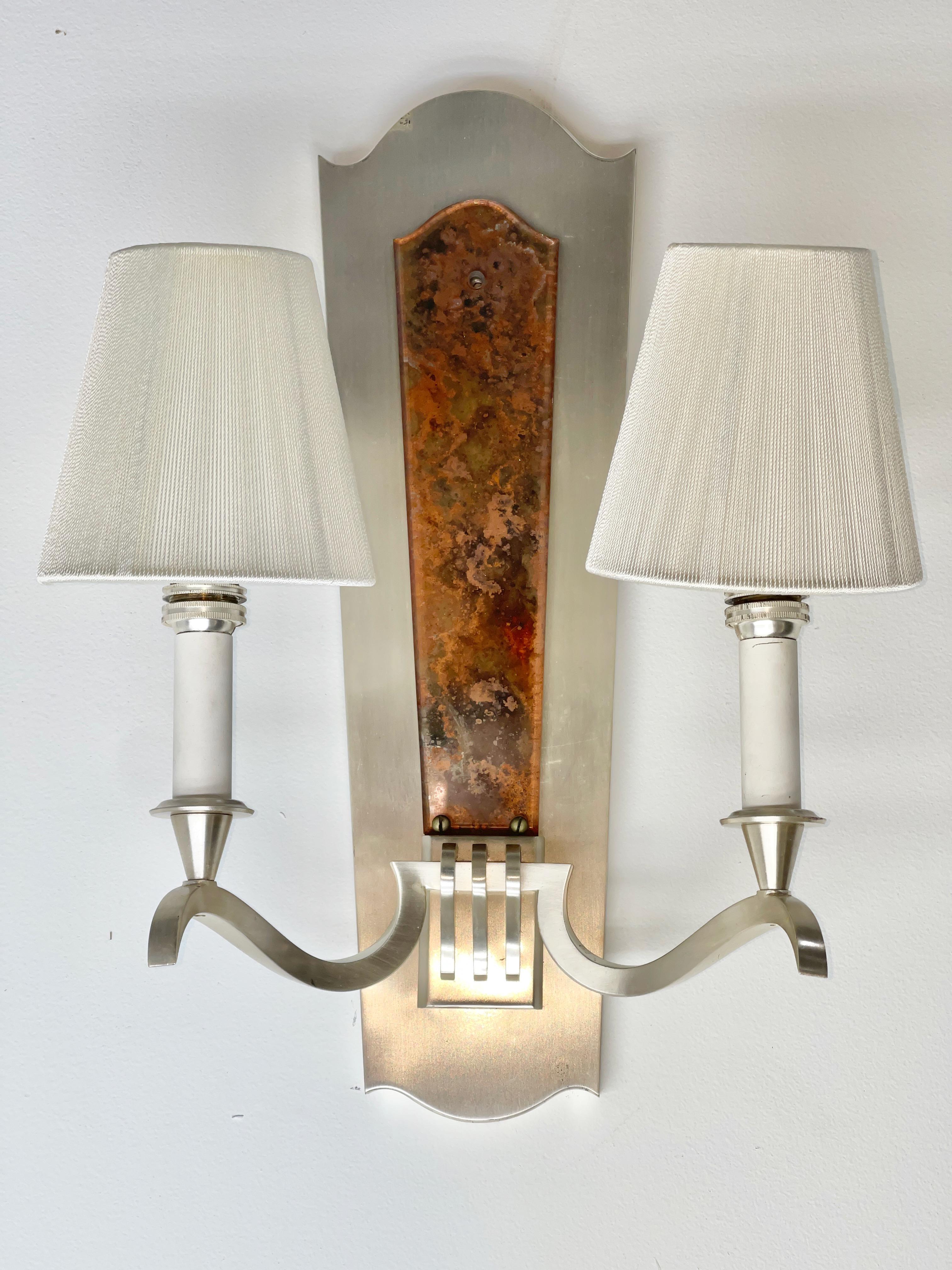 Pair of Genet et Michon Sconces in Brushed Nickel and Eglomise In Good Condition For Sale In Hanover, MA