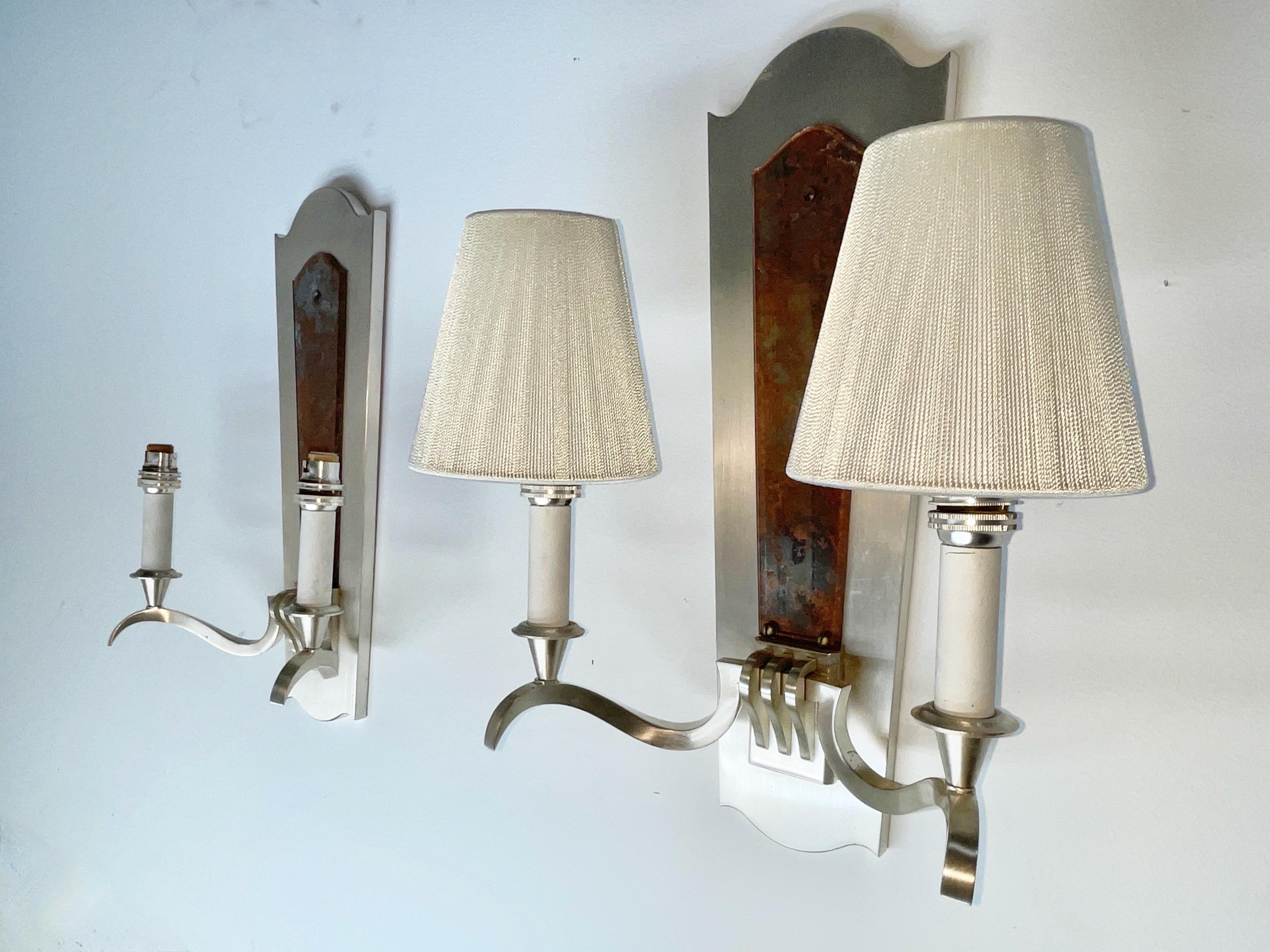 Mid-20th Century Pair of Genet et Michon Sconces in Brushed Nickel and Eglomise For Sale