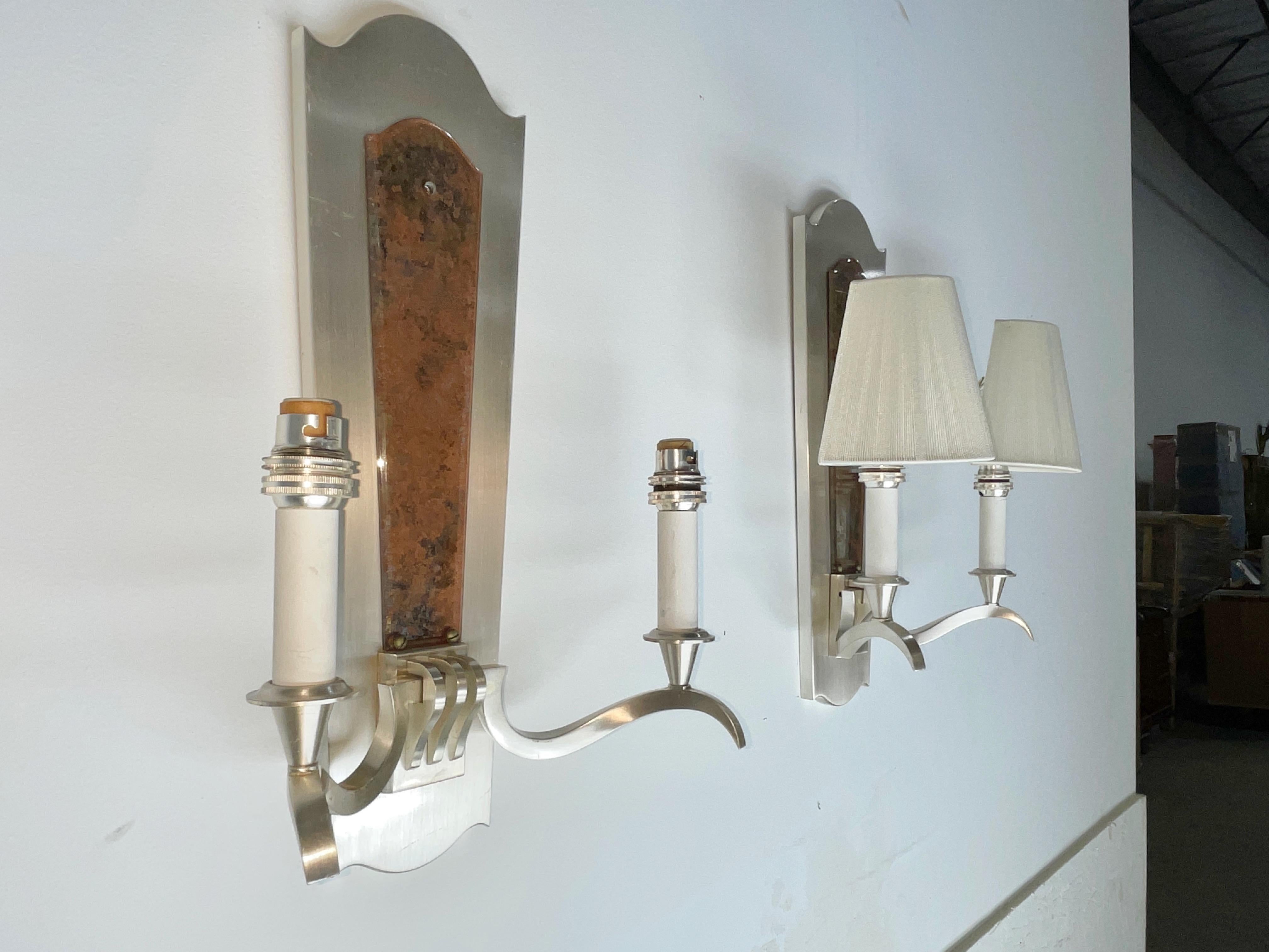 Pair of Genet et Michon Sconces in Brushed Nickel and Eglomise For Sale 1