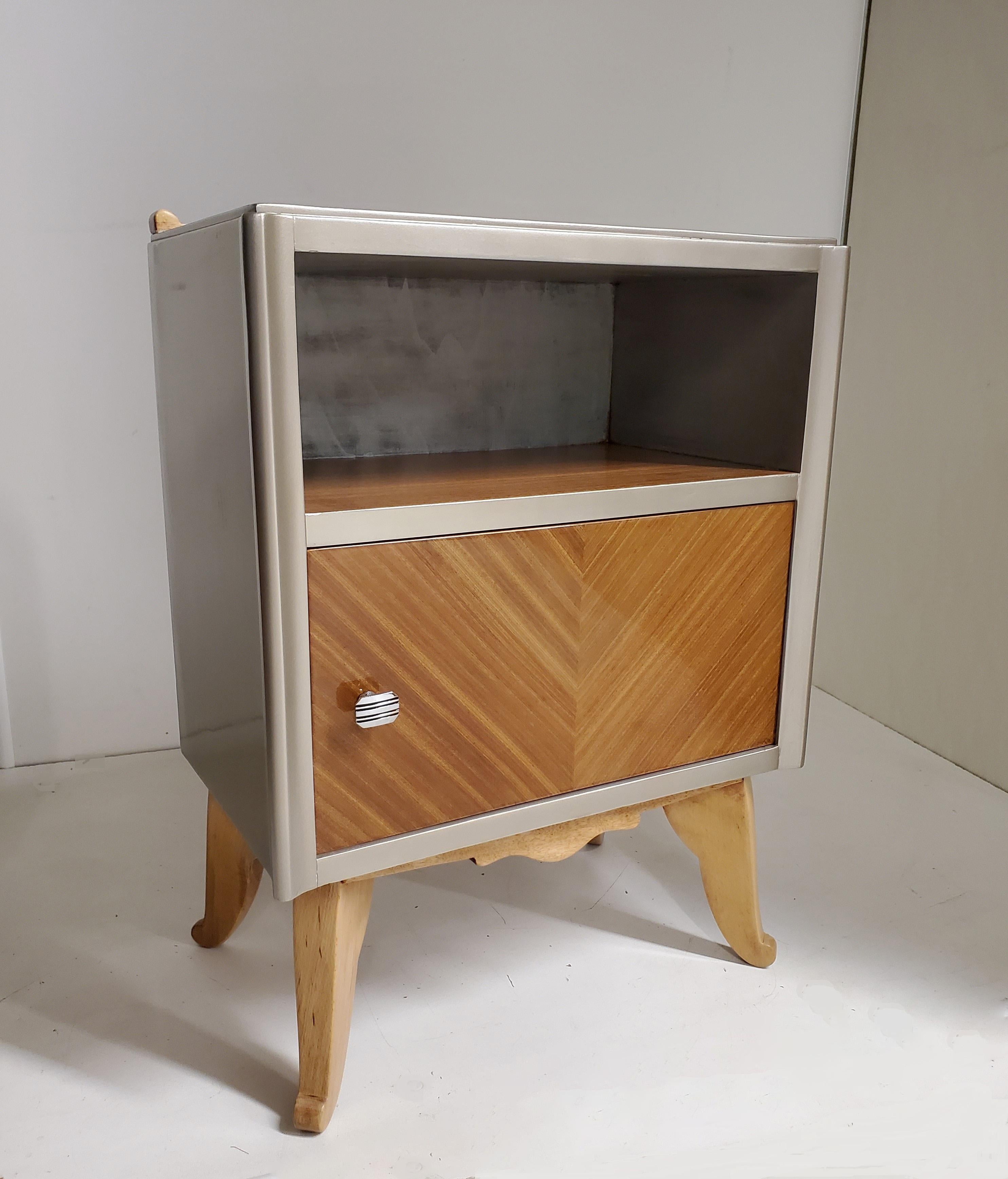 Pair of French Modernist Silvered Wood, Mahogany and Blonde Side/ Night tables For Sale 8