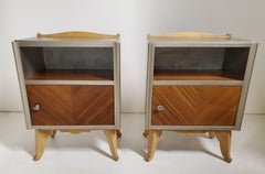 Pair of French Modernist Silvered Wood, Mahogany and Blonde Side/ Night tables