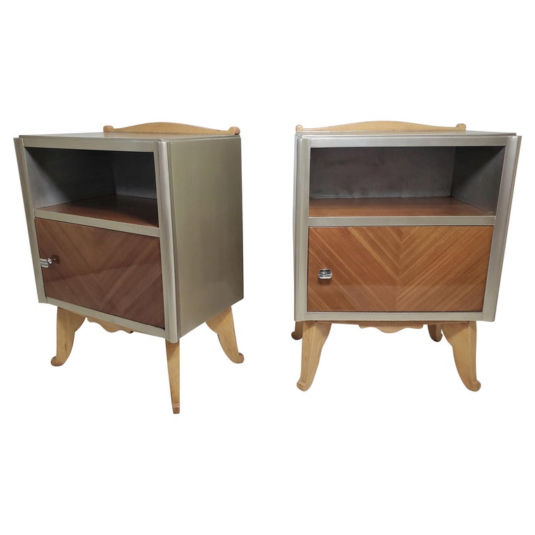 Pair of French Modernist Silvered Wood, Mahogany and Blonde Side/ Night tables For Sale