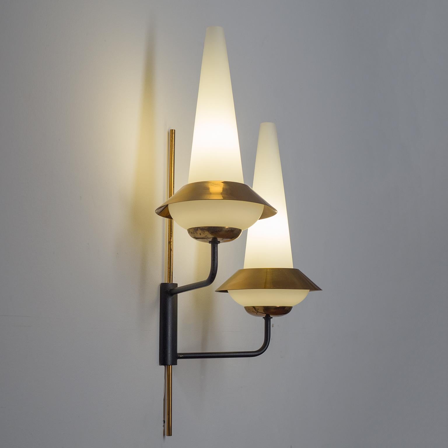 Pair of French Modernist Wall Lights, circa 1960, Satin Glass and Brass For Sale 4