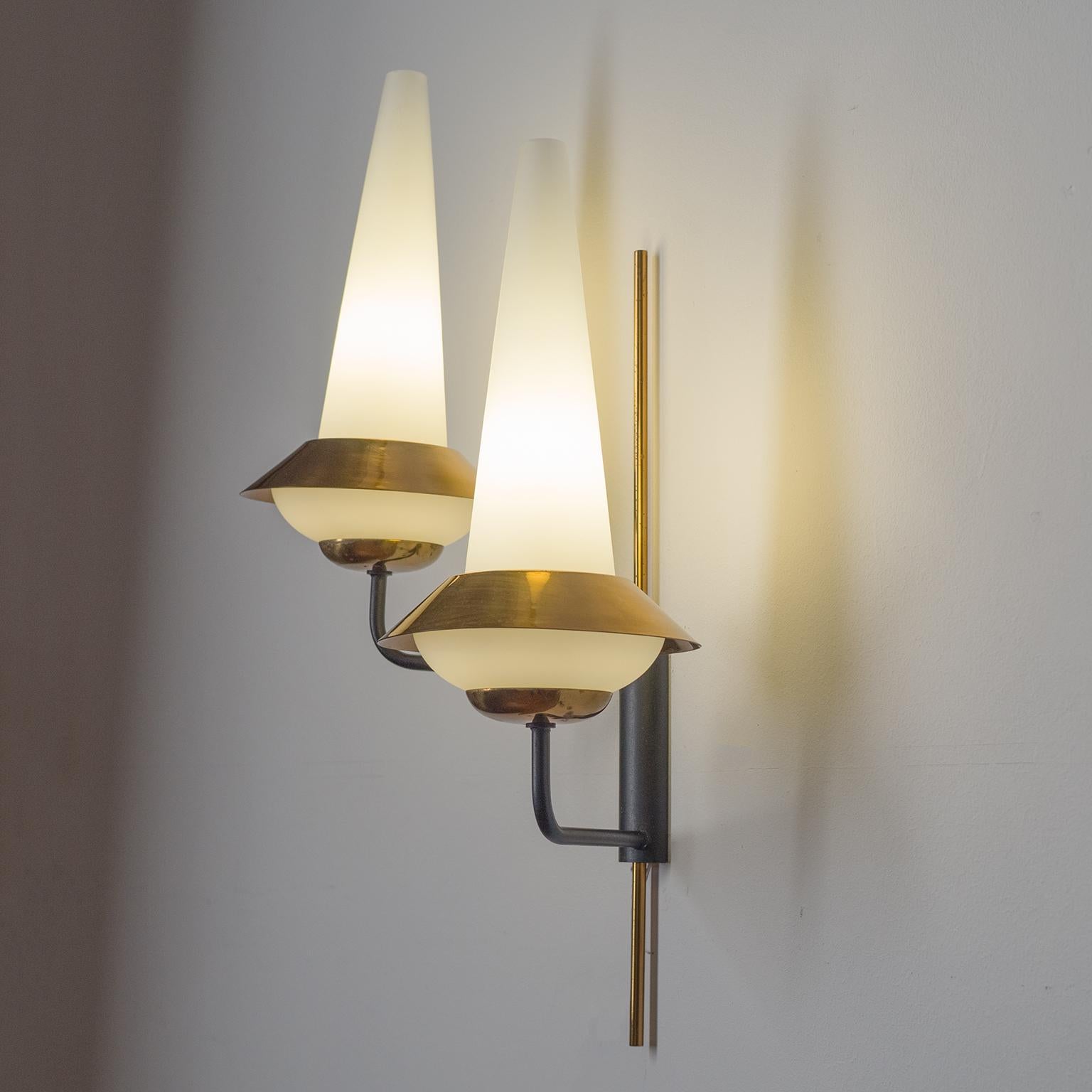 Pair of French Modernist Wall Lights, circa 1960, Satin Glass and Brass For Sale 5