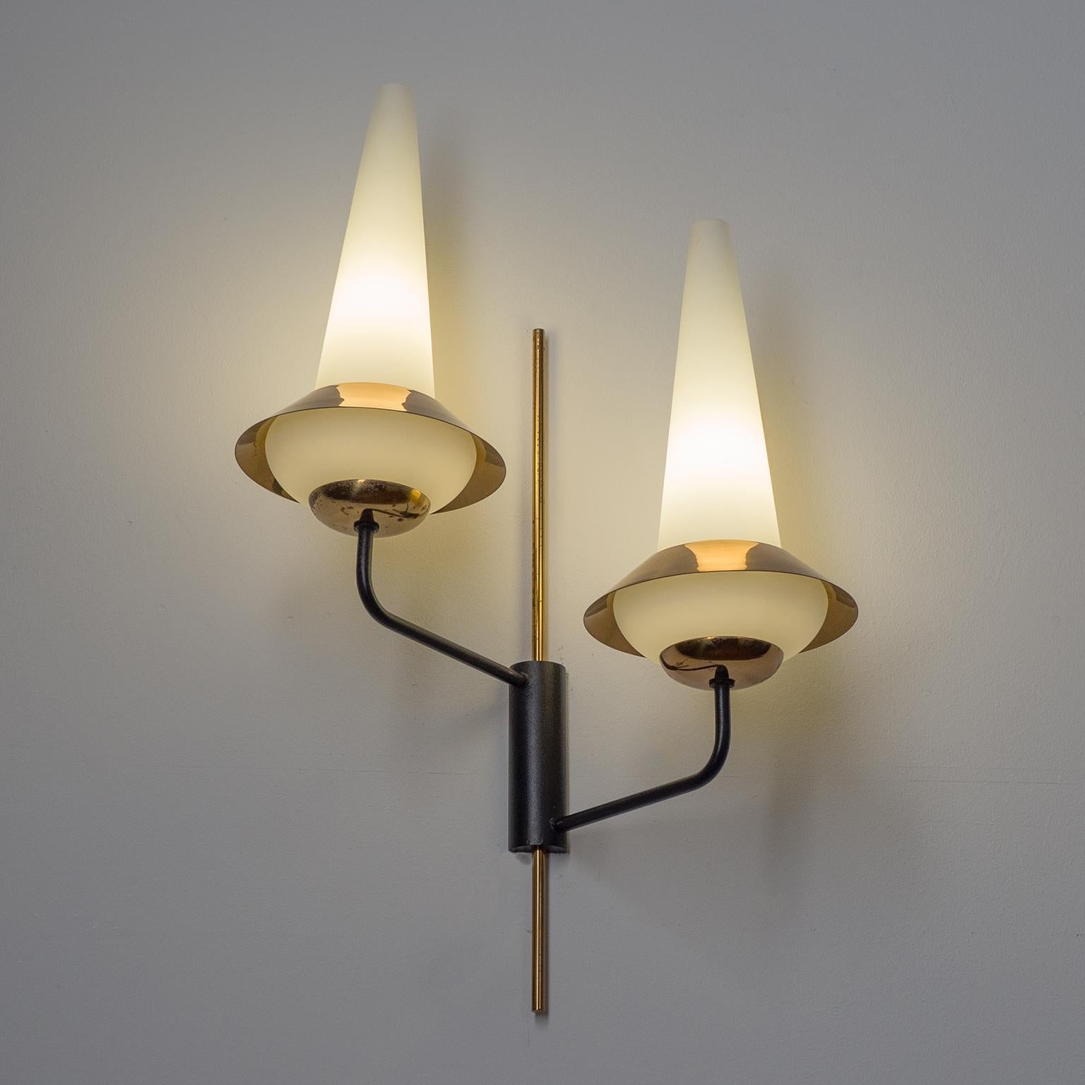 Pair of French Modernist Wall Lights, circa 1960, Satin Glass and Brass For Sale 8