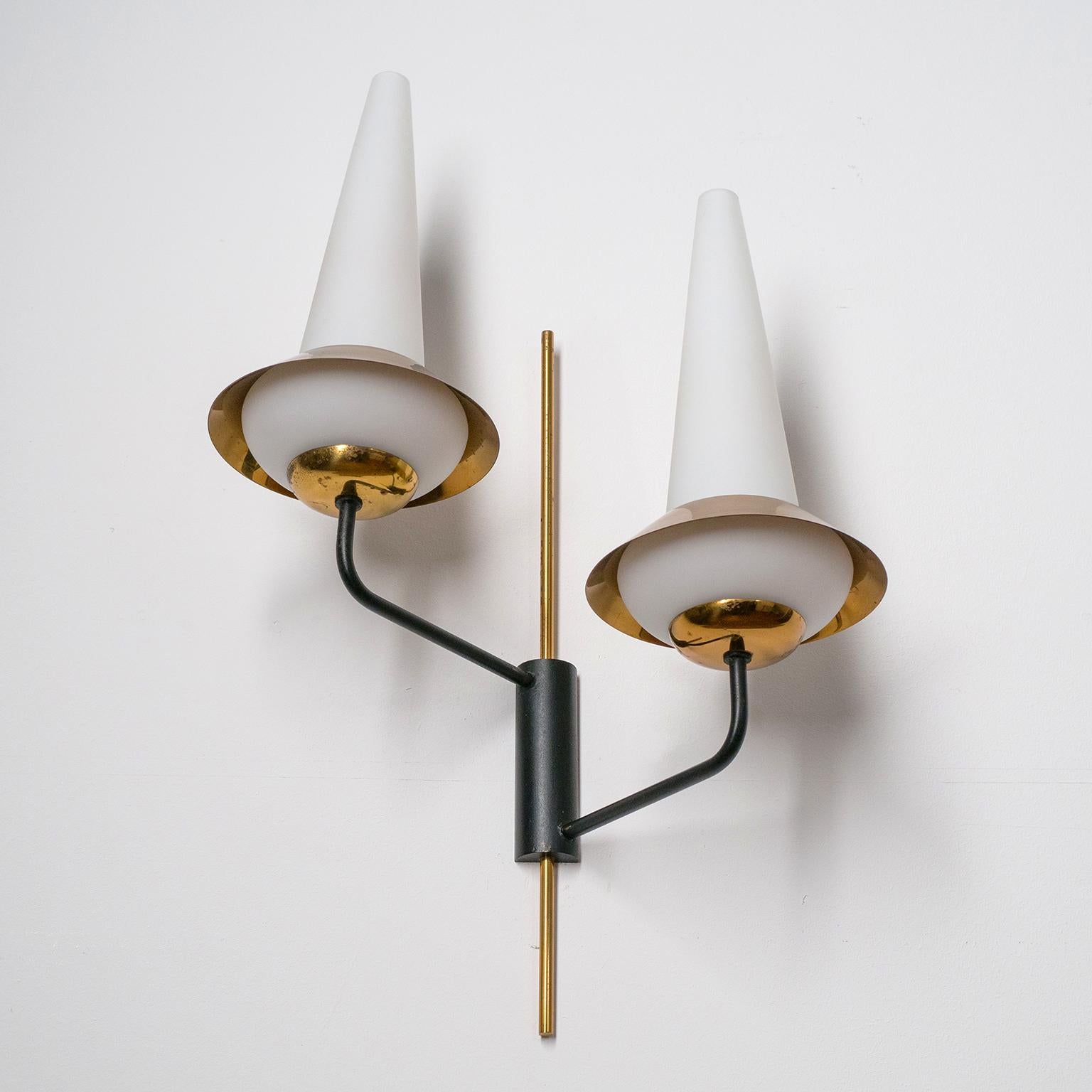 Pair of French Modernist Wall Lights, circa 1960, Satin Glass and Brass For Sale 9