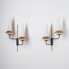Pair of French Modernist Wall Lights, circa 1960, Satin Glass and Brass
