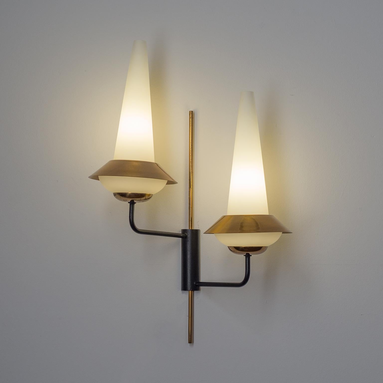 Mid-Century Modern Pair of French Modernist Wall Lights, circa 1960, Satin Glass and Brass For Sale