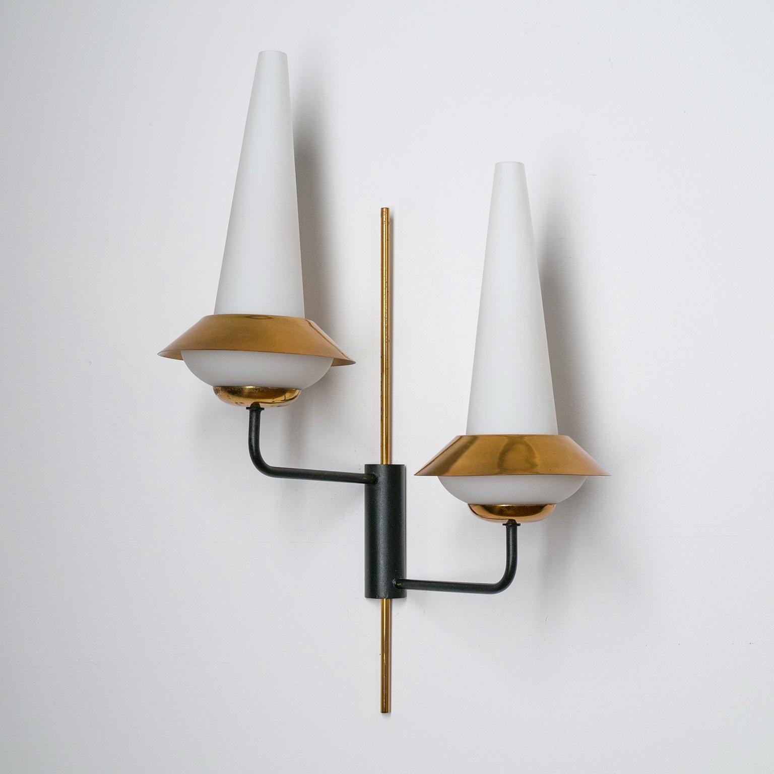 Mid-20th Century Pair of French Modernist Wall Lights, circa 1960, Satin Glass and Brass For Sale