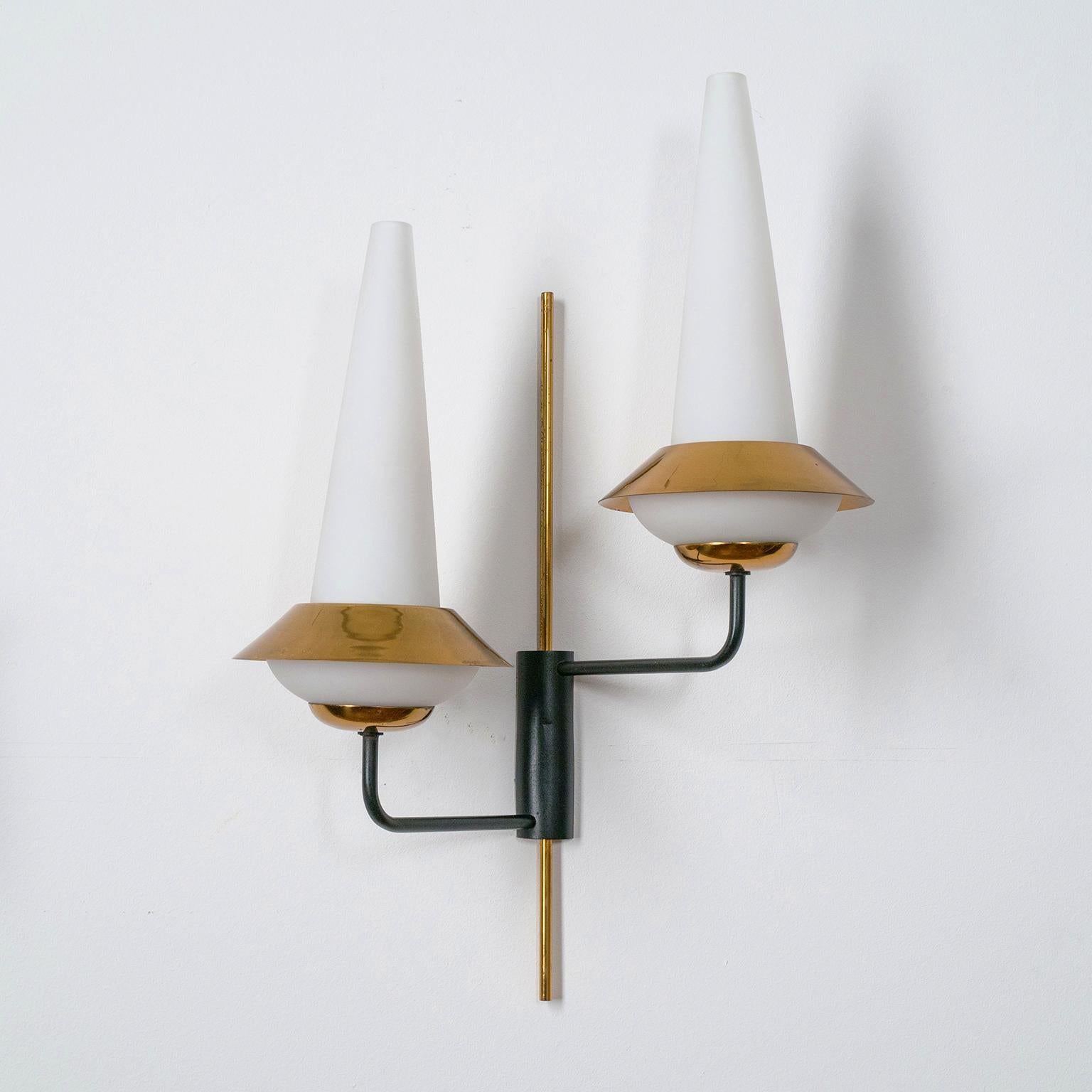 Pair of French Modernist Wall Lights, circa 1960, Satin Glass and Brass For Sale 2