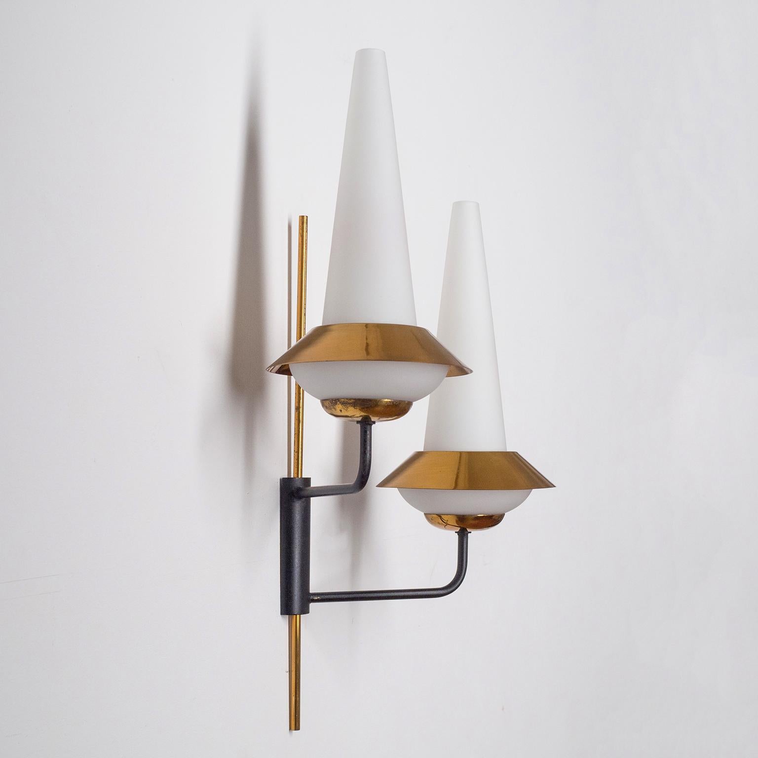 Pair of French Modernist Wall Lights, circa 1960, Satin Glass and Brass For Sale 3