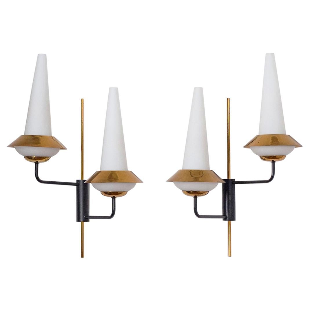 Pair of French Modernist Wall Lights, circa 1960, Satin Glass and Brass For Sale