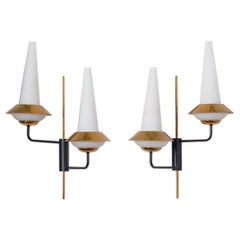 Pair of French Modernist Wall Lights, circa 1960, Satin Glass and Brass