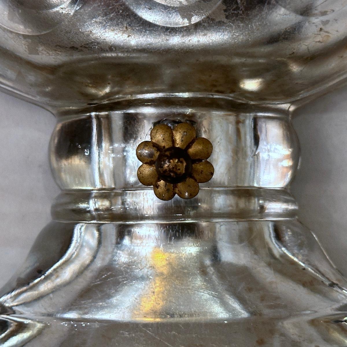 A pair of circa 1950's French molded glass and gilt iron sconces with shades.

Measurements:
Height: 20