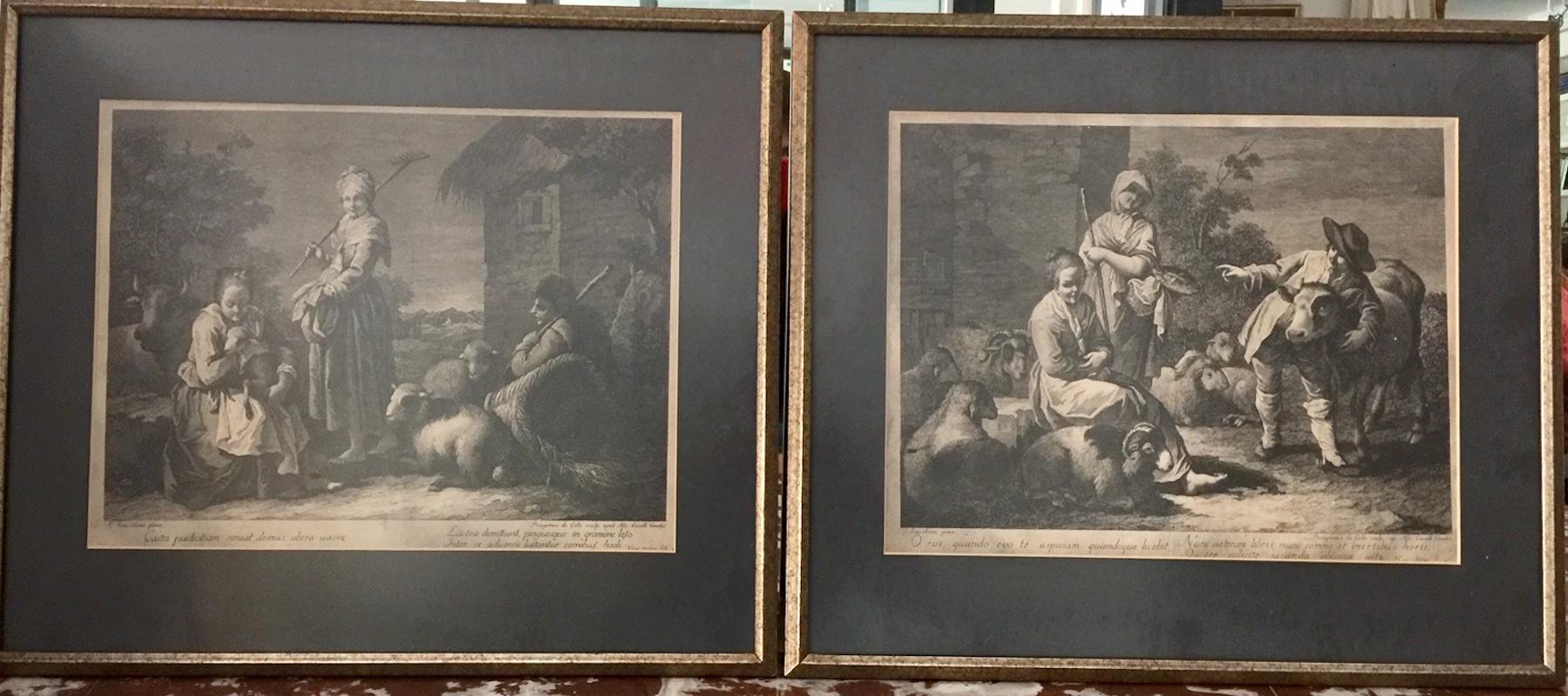 Pair of French monochromatic prints (Etchings)
A beautiful pair of Prints (etchings) of a French farm yard including various farm animals such as rams, sheep and cows.
Gold frames with black mats underscoring the monochromatic compositions, The