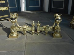 Pair of French Monumental Brass & Painted Urn Foliage Fire Place Chenets, C 1790