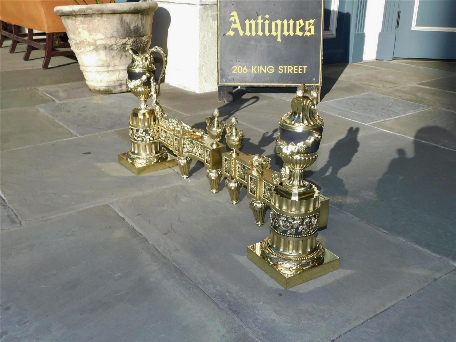 Louis XVI Pair of French Monumental Brass & Painted Urn Foliage Fire Place Chenets, C 1790 For Sale