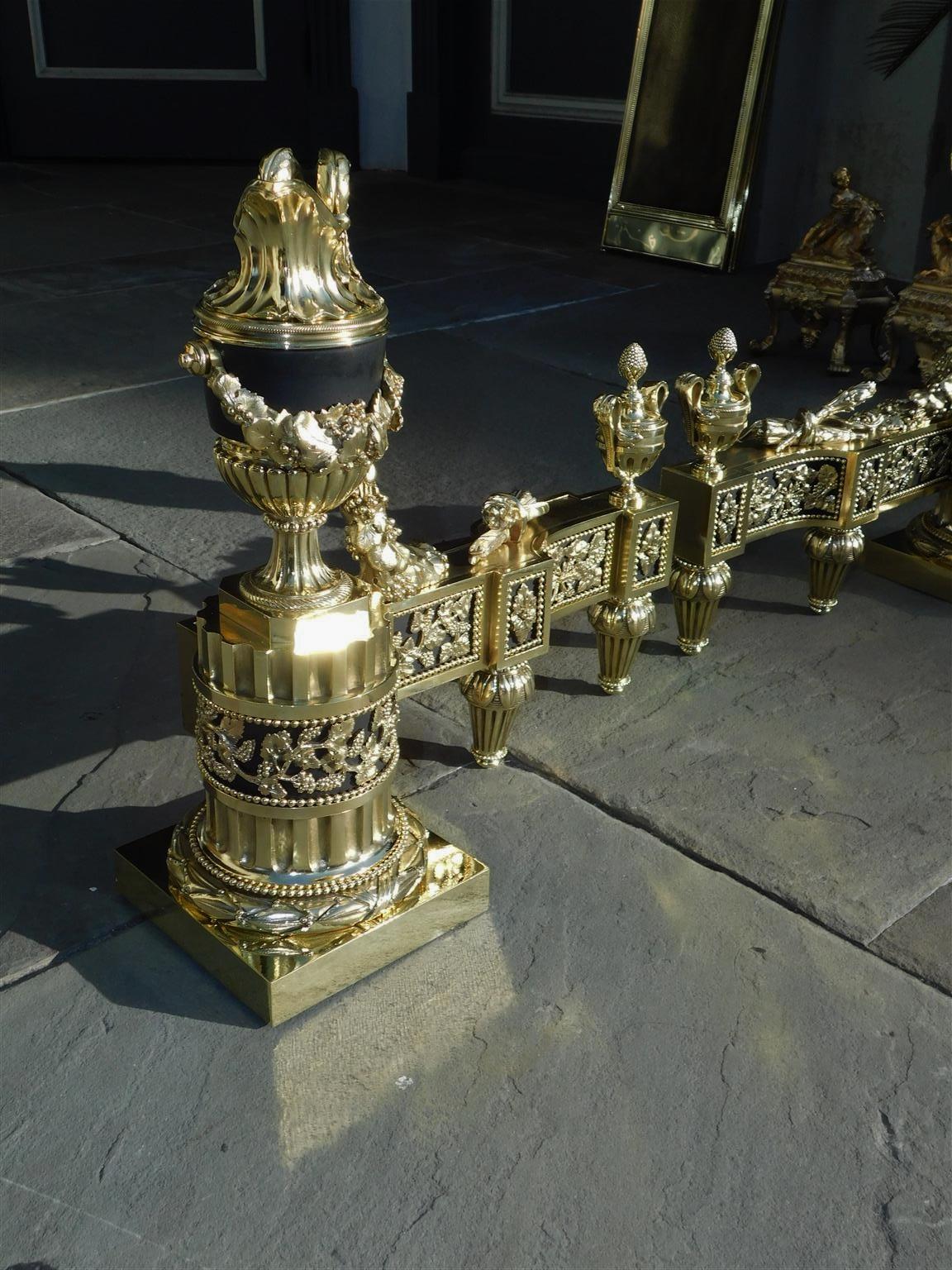 Cast Pair of French Monumental Brass & Painted Urn Foliage Fire Place Chenets, C 1790 For Sale