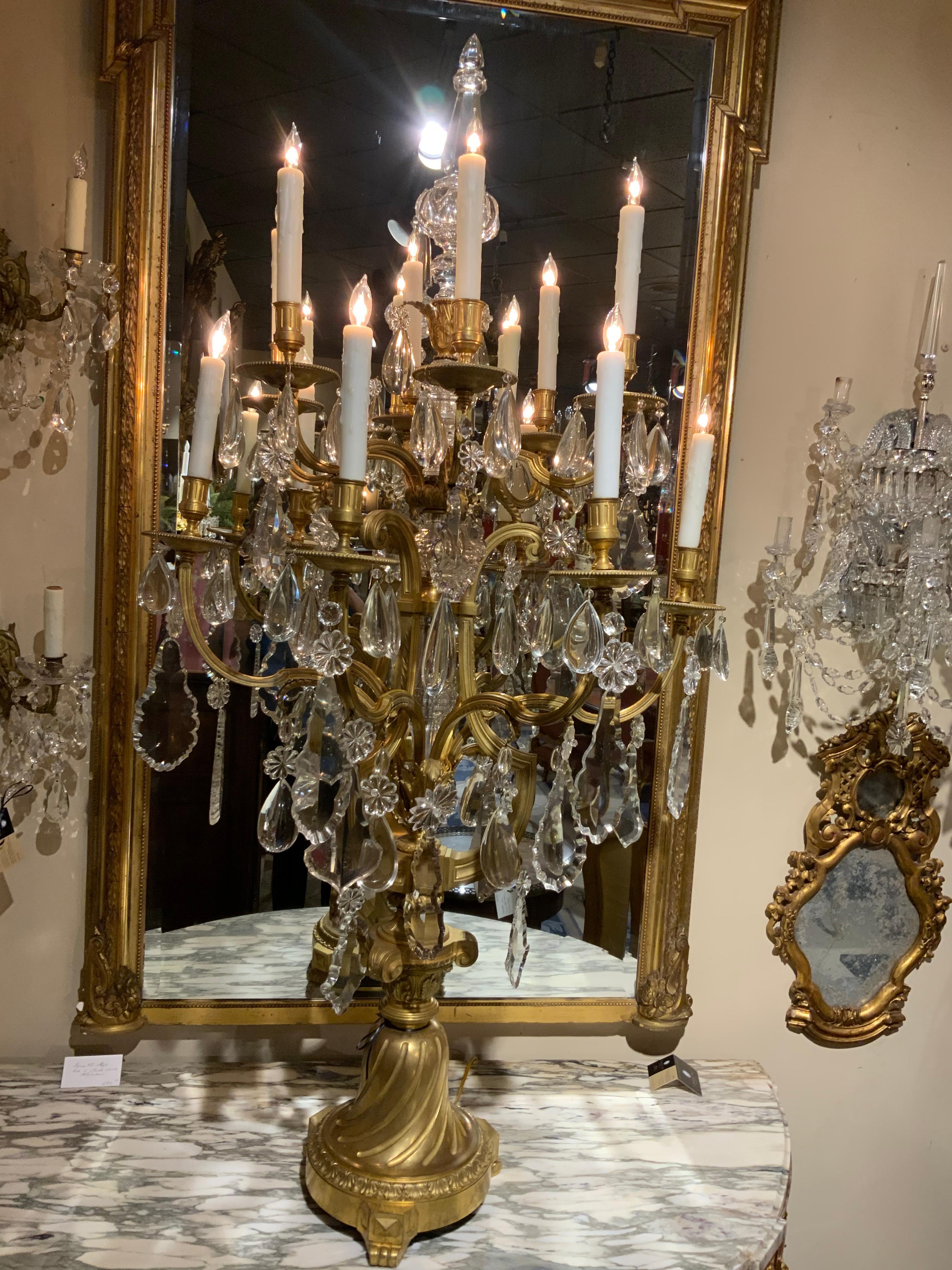 Pair of French monumental Bronze Dore Crystal Candelabrum 6