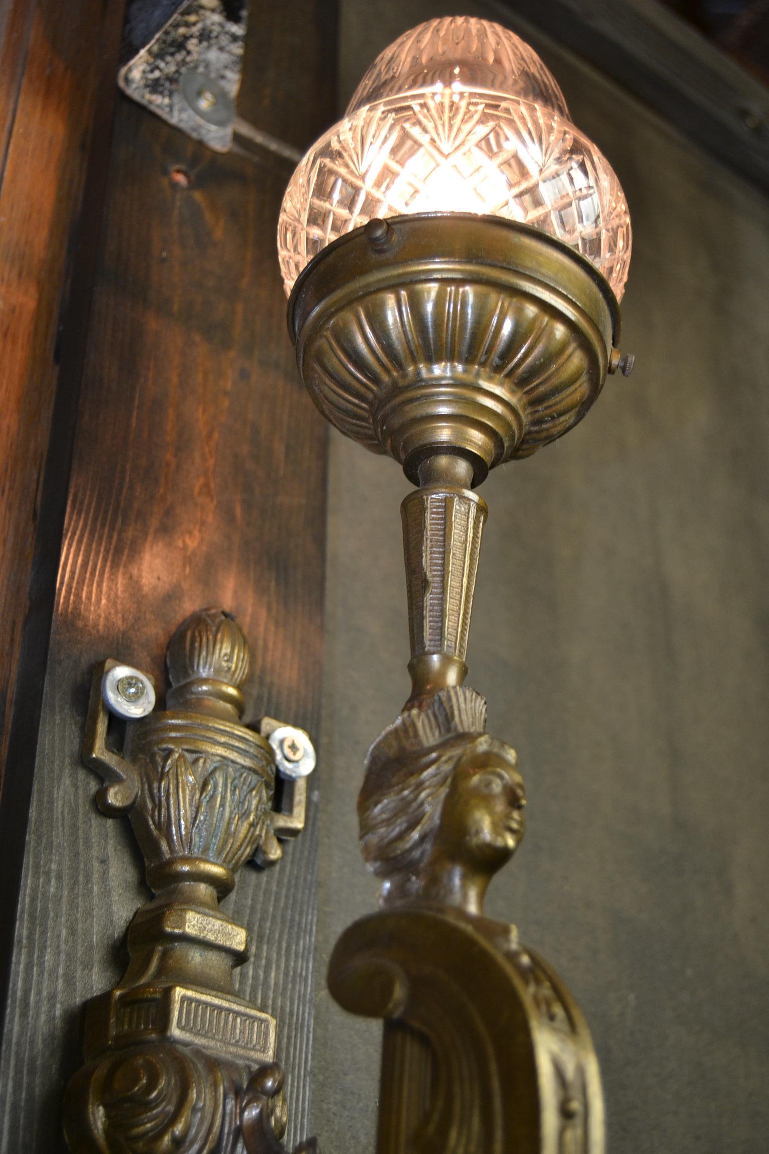 Brass Pair of French Monumental Figural Wall Sconces