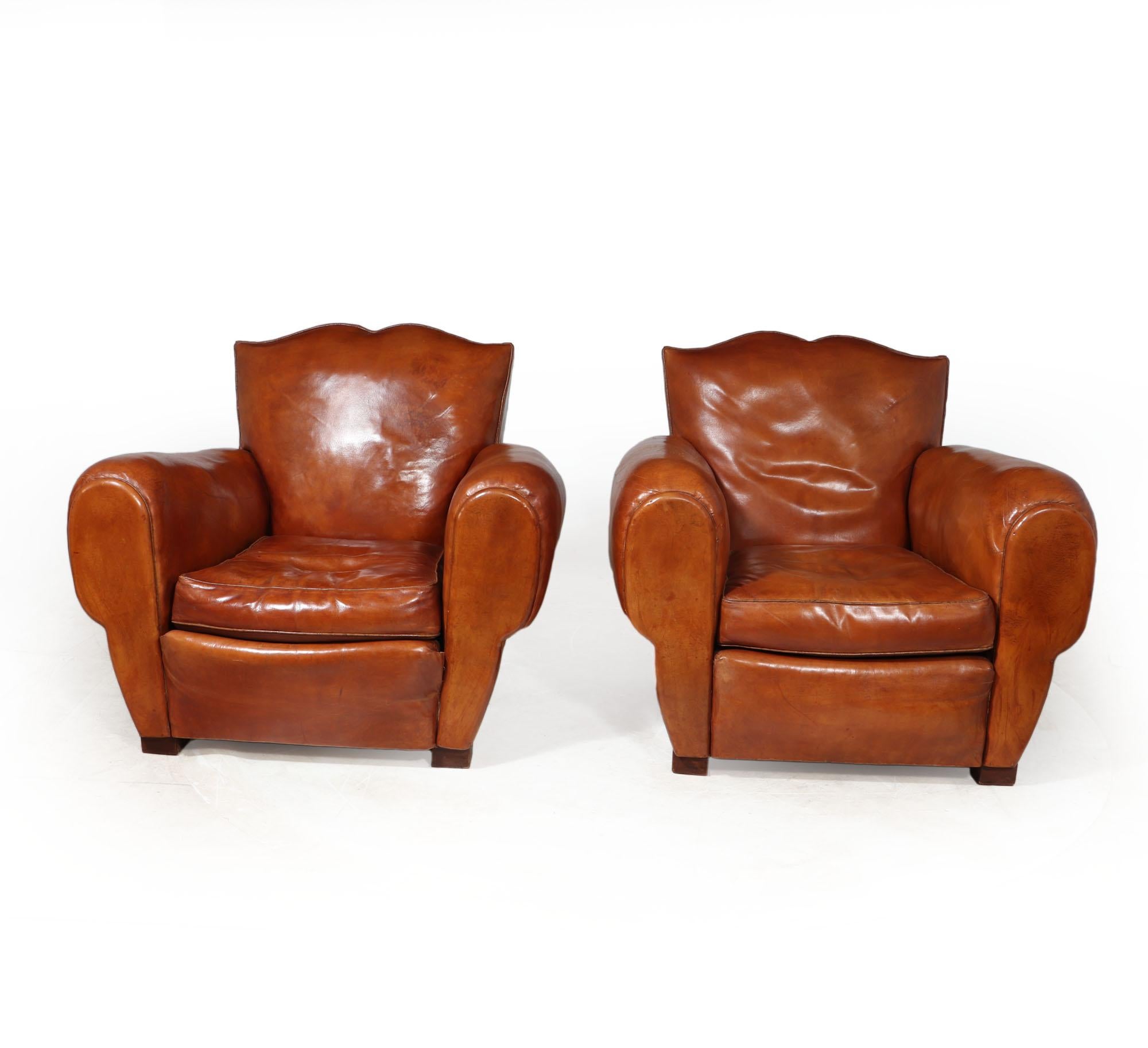 Art Deco Pair of French Moustache back Club Armchairs For Sale