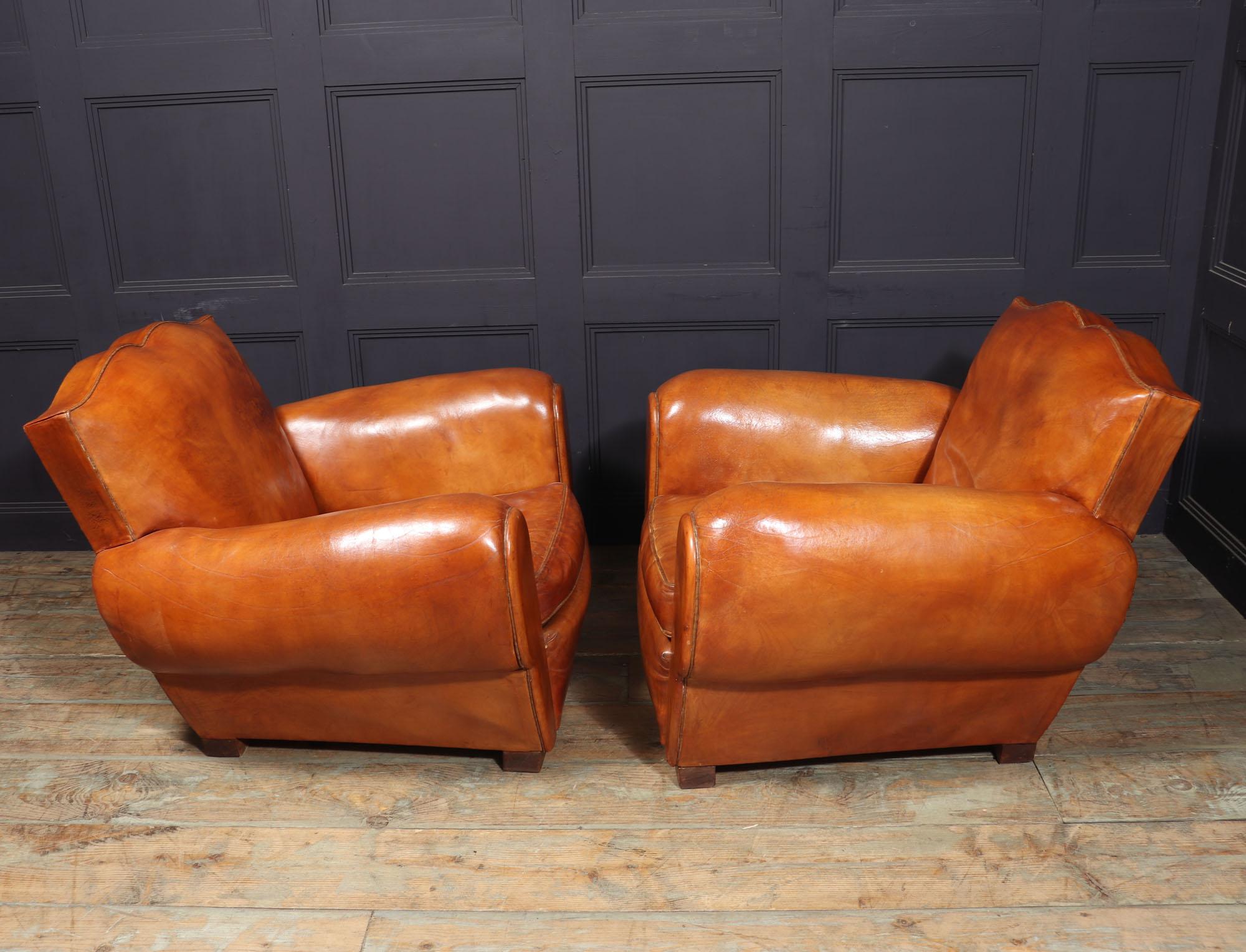 Leather Pair of French Moustache back Club Armchairs For Sale