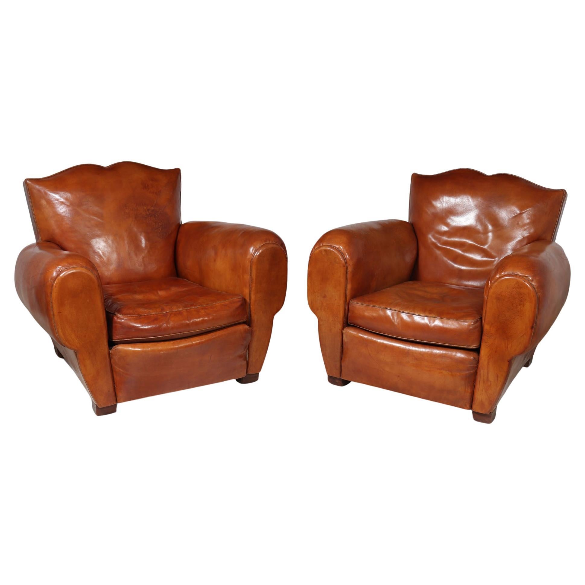 Pair of French Moustache back Club Armchairs For Sale