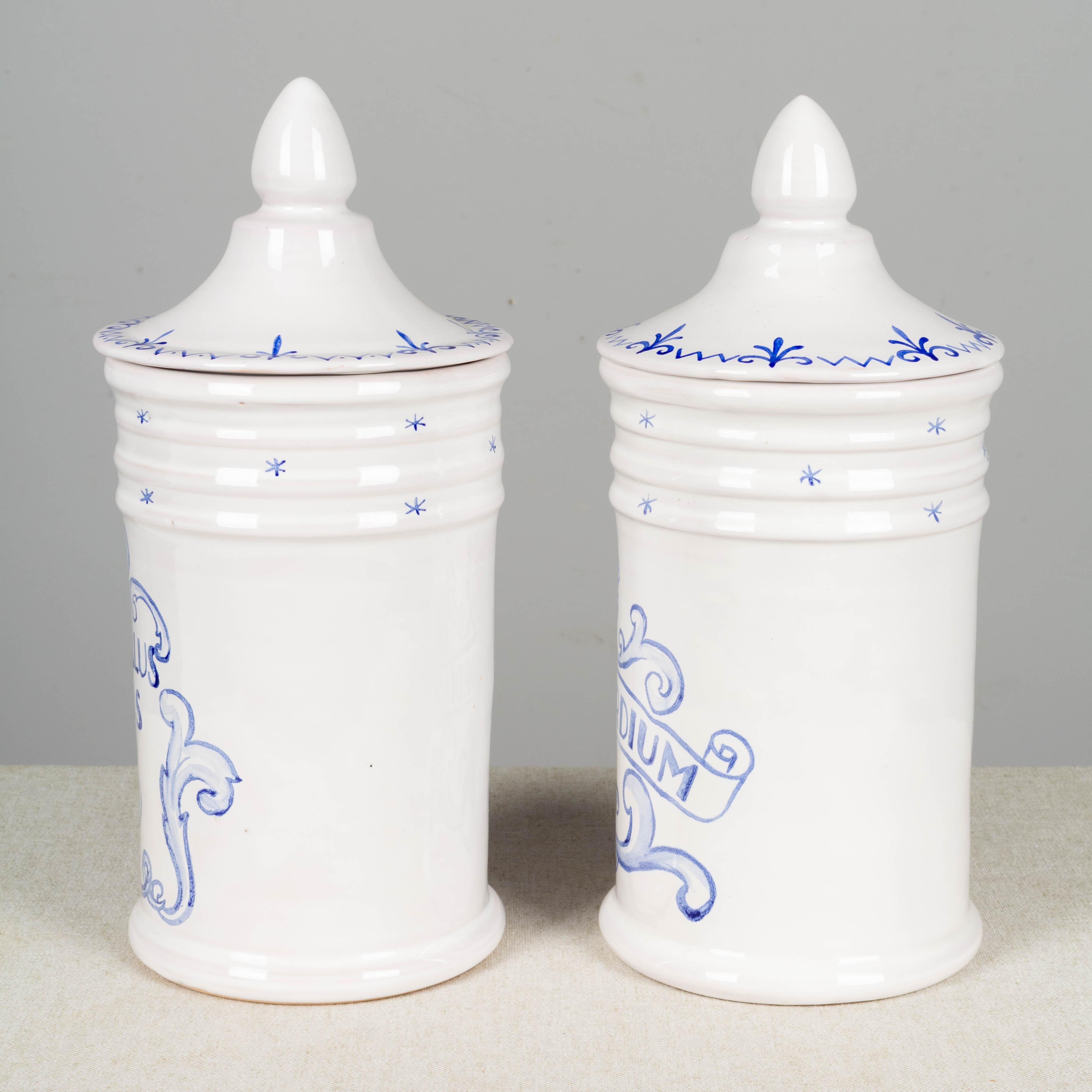 Hand-Painted Pair of French Moustiers Ceramic Apothecary Jars