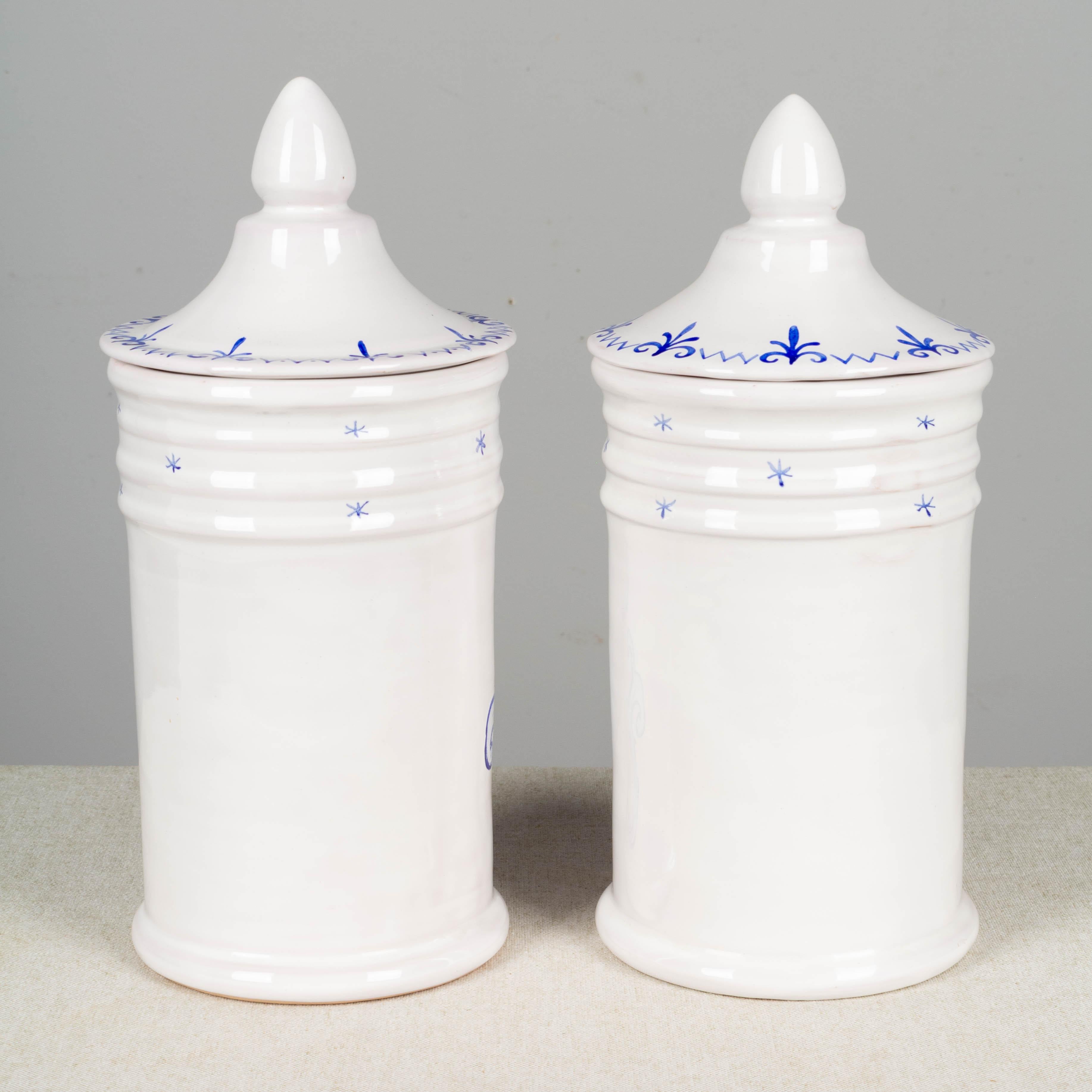 Pair of French Moustiers Ceramic Apothecary Jars In Good Condition In Winter Park, FL