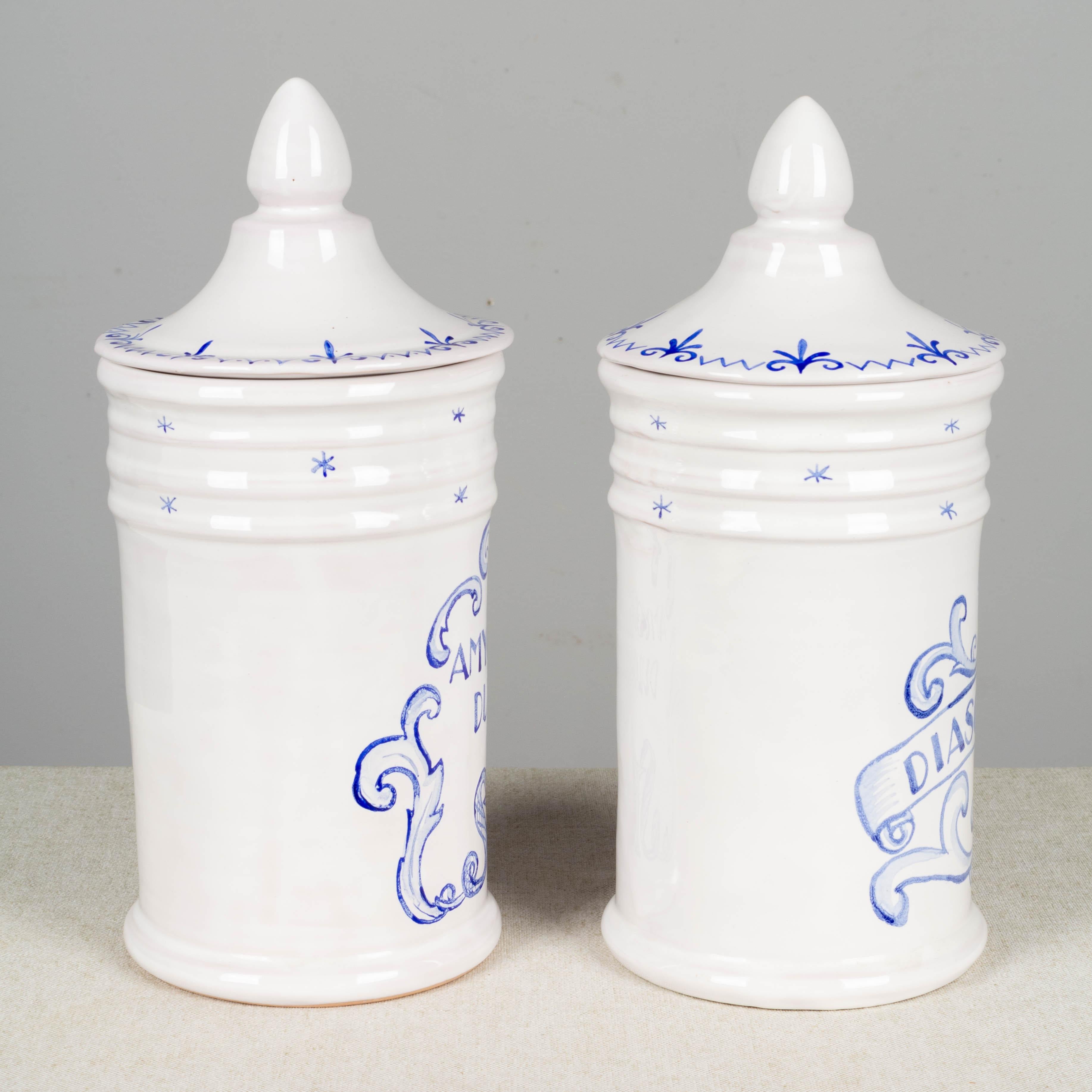 20th Century Pair of French Moustiers Ceramic Apothecary Jars