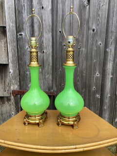 Pair of French Murano Green Opaline Table Lamps