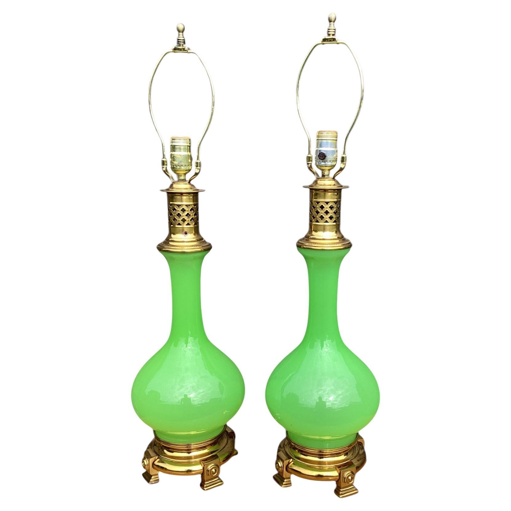 Pair of French Murano Green Opaline Table Lamps