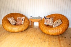 Pair of French Mushroom Rattan Pod Easy Lounge Chairs 1970s Large Statement XL