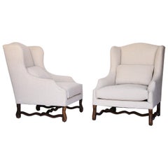 Pair of French Mutton Leg Wingback Armchairs, Newly Upholstered