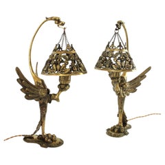 Pair of French Mythological Eagle Table Lamps in Bronze, Muller Frères Style