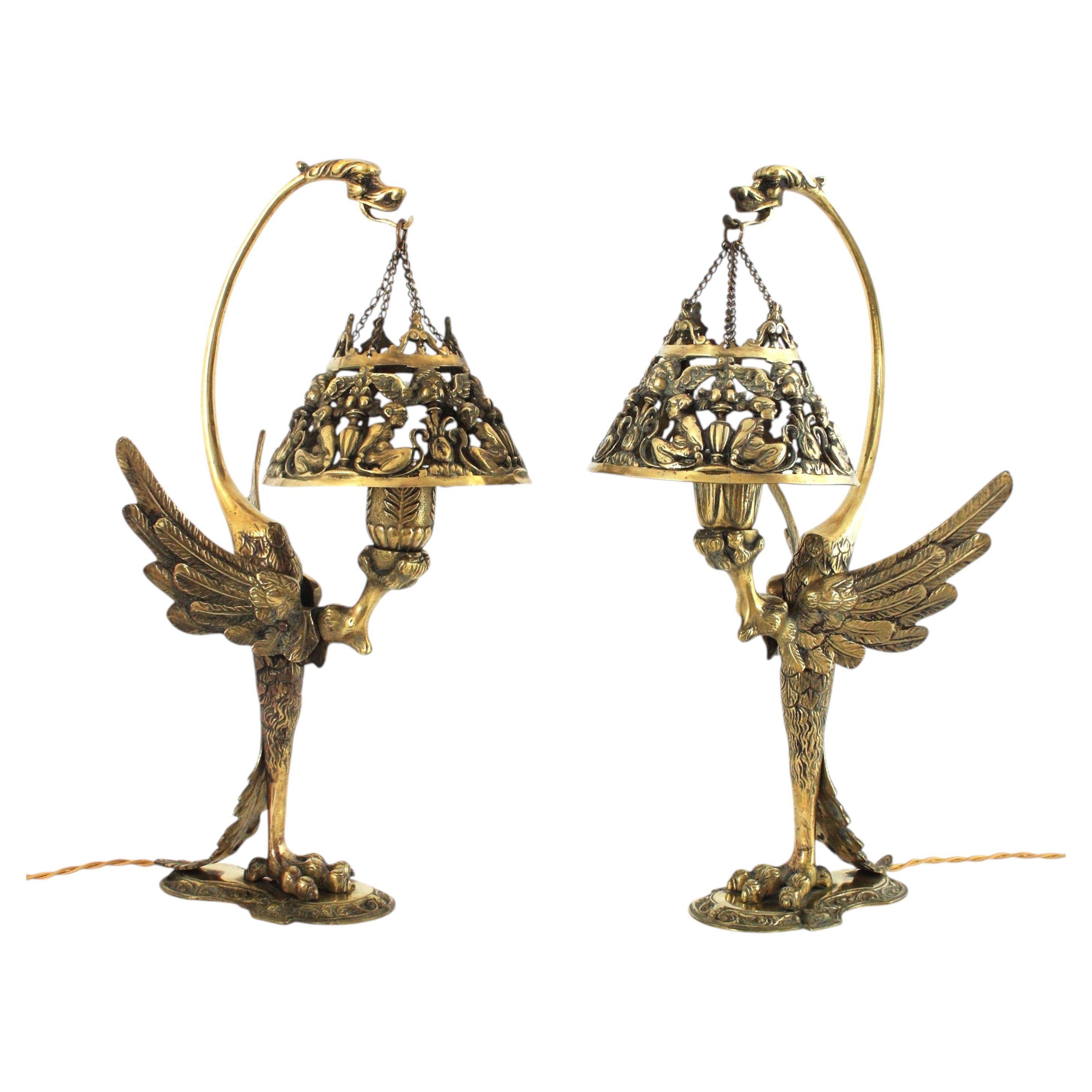 Pair of French Mythological Eagle Table Lamps in Bronze, Muller Frères Style For Sale