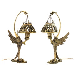 Pair of French Mythological Eagle Table Lamps in Bronze, Muller Frères Style