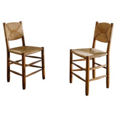 Pair of French "N19" Wooden Chairs in Ash & Straw by Charlotte Perriand, 1960s