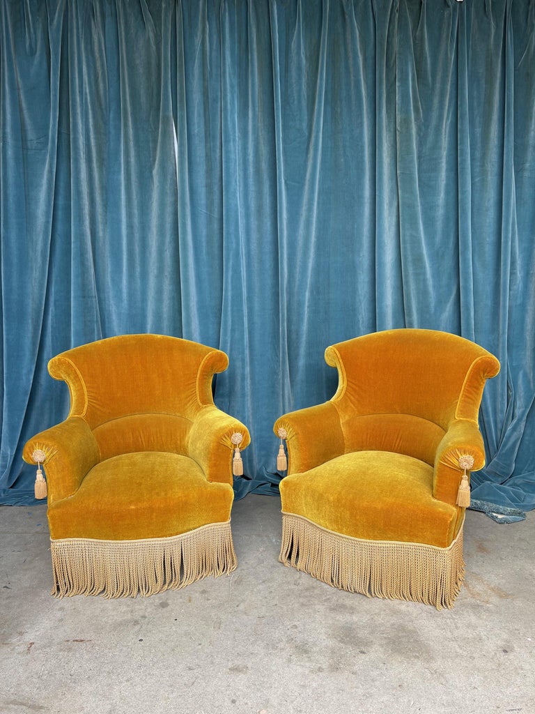 Pair of French NAP III Armchairs in Gold Velvet For Sale at 1stDibs