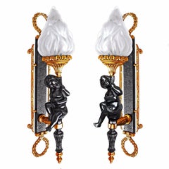Pair of French Napolean III Empire Gilt Bronze Cherub Torch Putti Wall Sconces