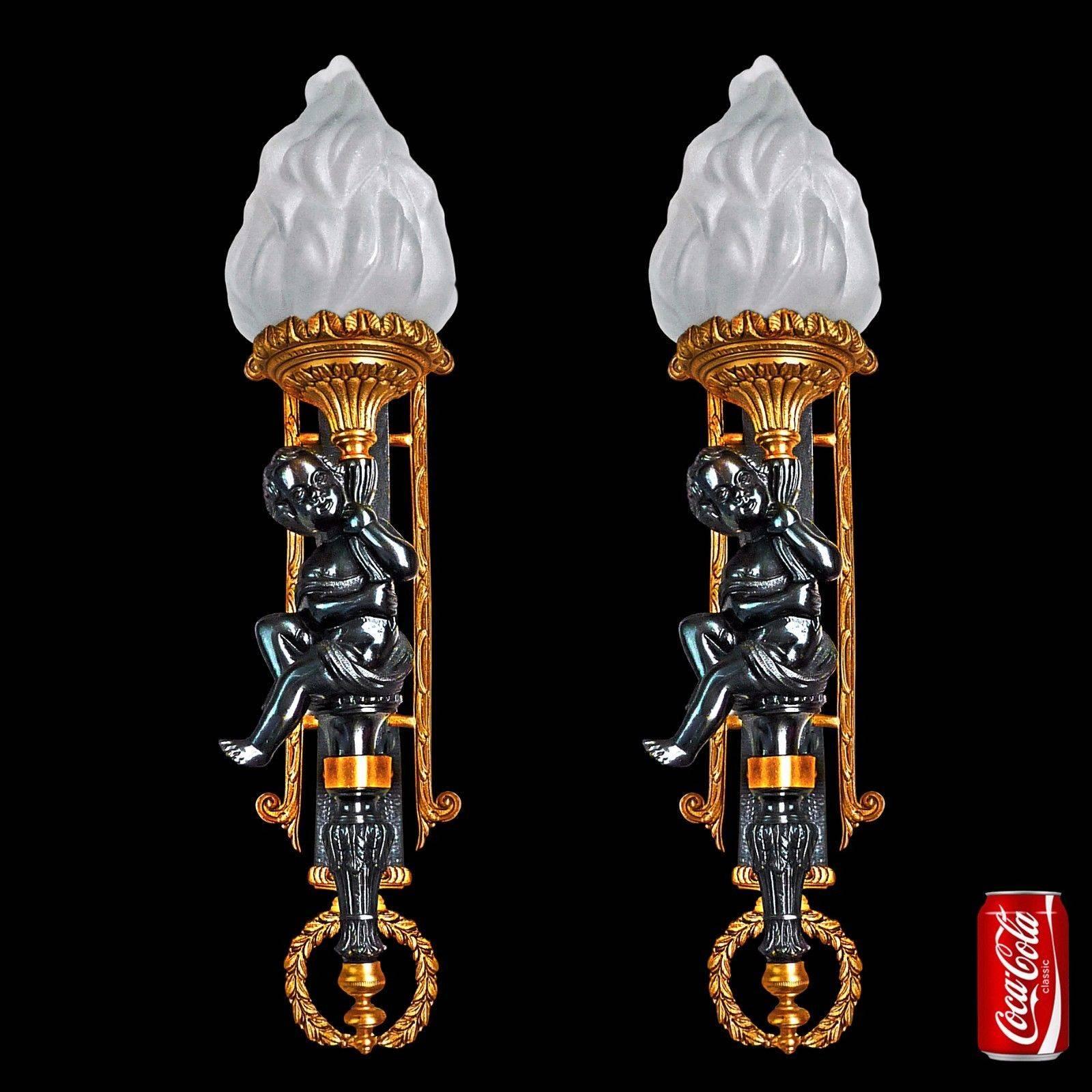 Pair of French Napolean III Empire Gilt Bronze Cherub Torch Putti Wall Sconces In Good Condition In Coimbra, PT