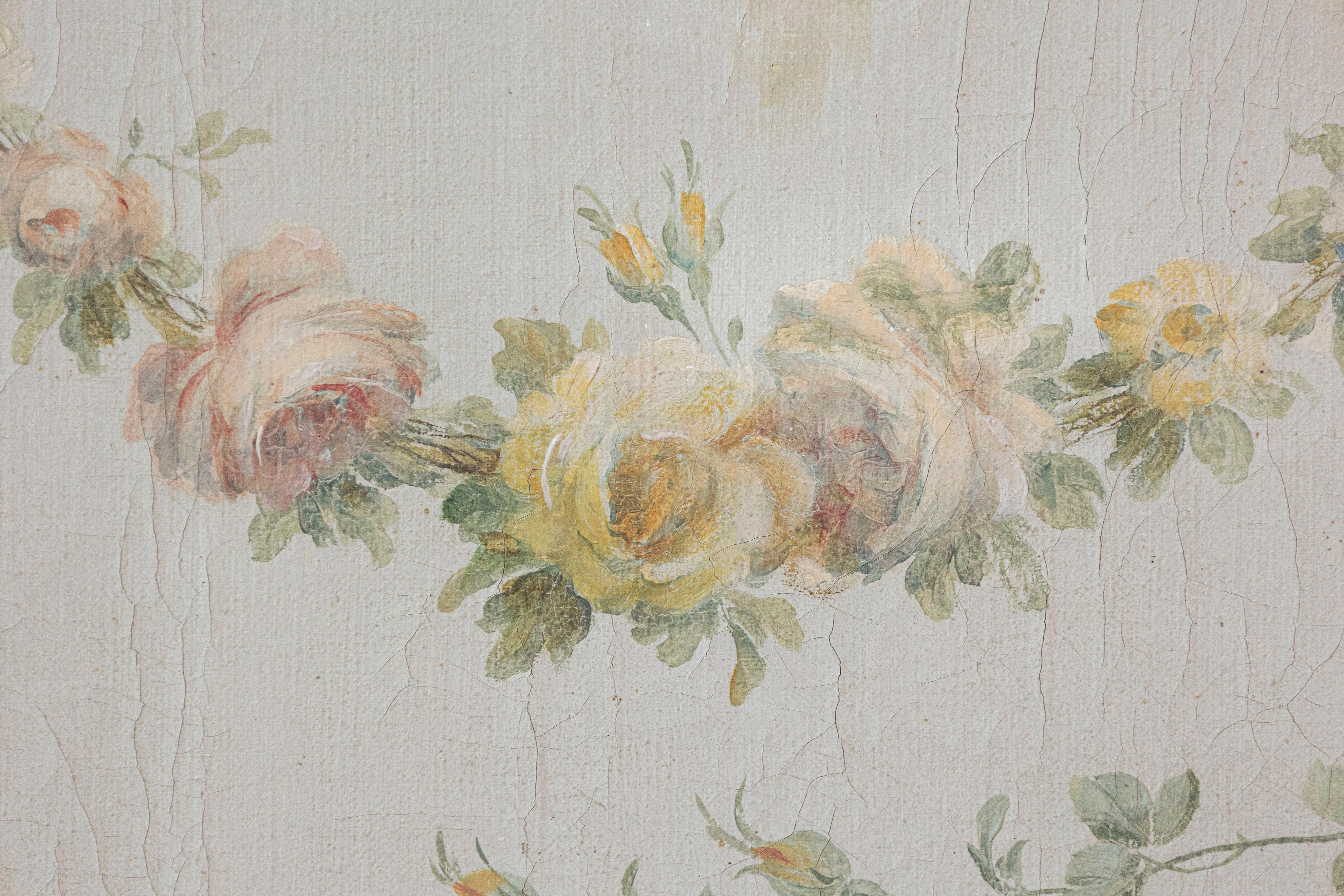 19th Century Pair of French Napoléon III 1860s Oil on Canvas Overdoors with Floral Garlands