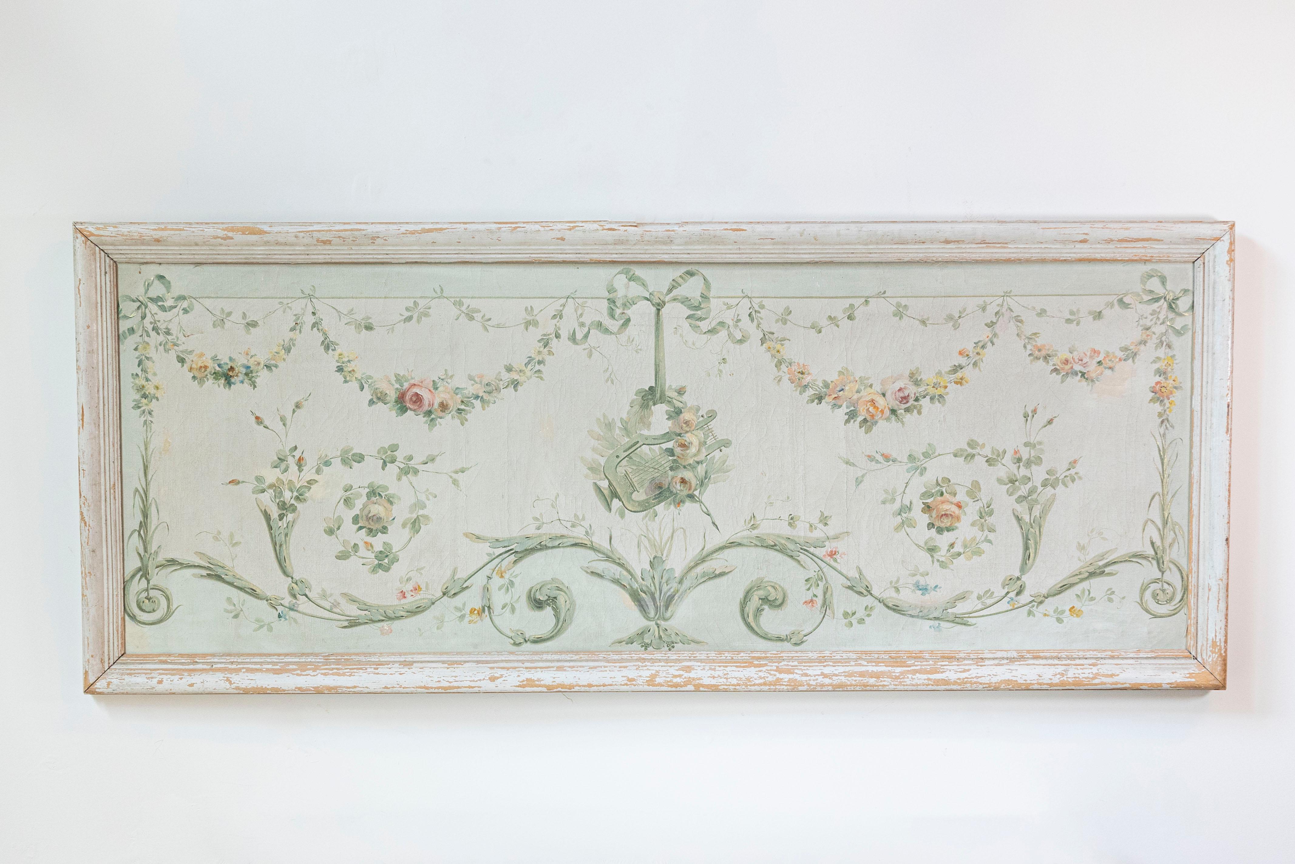 Pair of French Napoléon III 1860s Oil on Canvas Overdoors with Floral Garlands 3