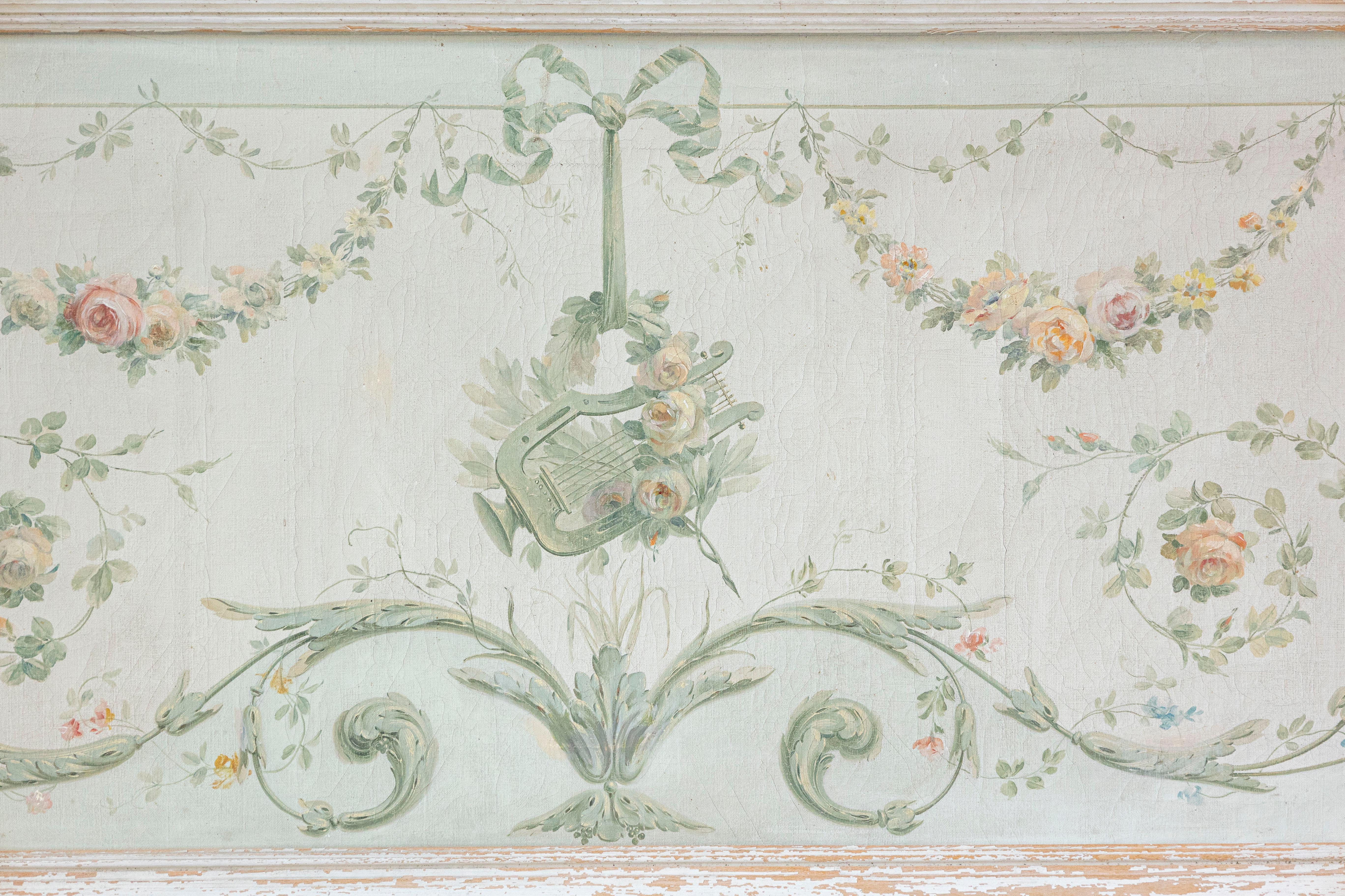 Pair of French Napoléon III 1860s Oil on Canvas Overdoors with Floral Garlands 4