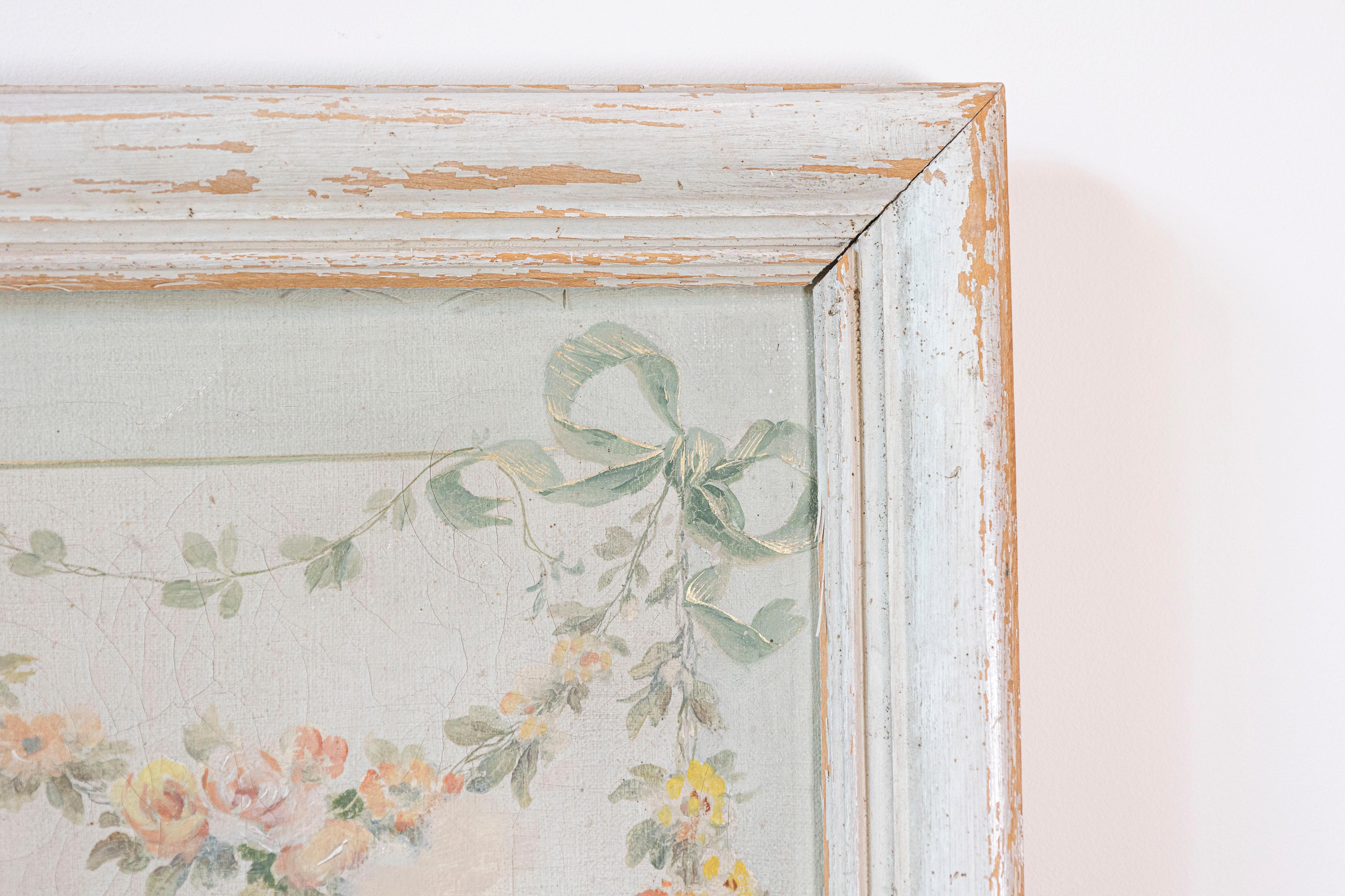 Pair of French Napoléon III 1860s Oil on Canvas Overdoors with Floral Garlands 6
